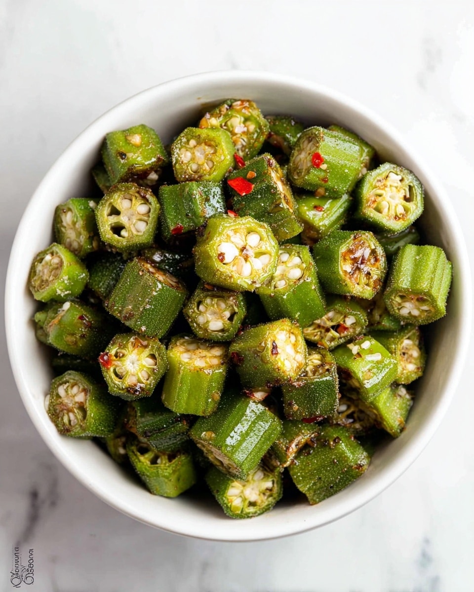 A white bowl filled with many small, round pieces of cooked okra, each piece showing a light green color with some darker green ridges and a slightly shiny, oily surface. Some okra pieces have visible white seeds inside, and there are a few small red chili flakes sprinkled on top. The bowl sits on a white marbled surface. photo taken with an iphone --ar 4:5 --v 7