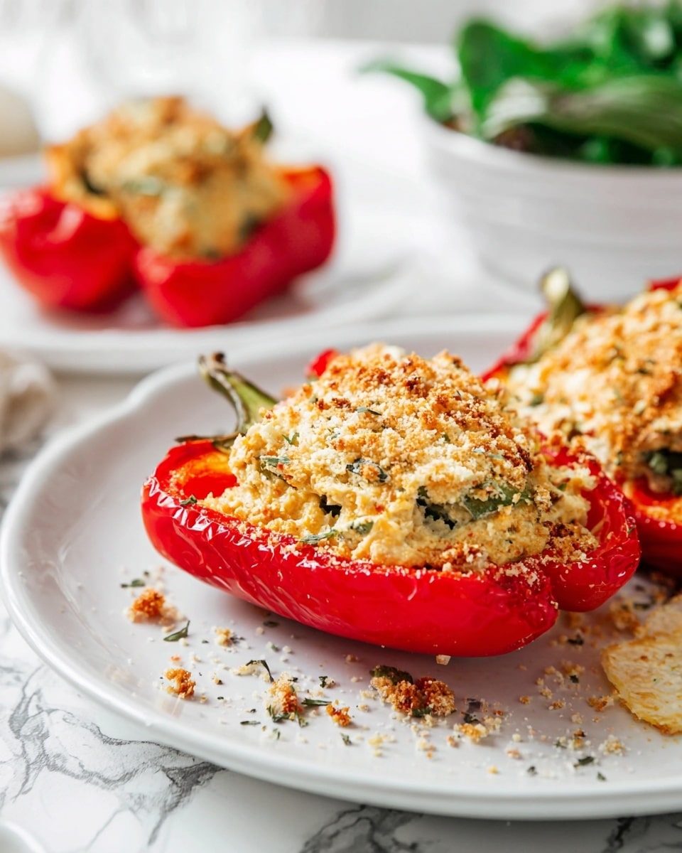 The image shows a close-up of stuffed bell peppers arranged on a white plate set on a white marbled surface. Each pepper half is filled with a creamy spinach and cheese mixture topped with a layer of crispy, golden-brown breadcrumbs. The peppers are in different colors including yellow, green, and red, with each pepper's skin looking soft and roasted. Some grated cheese is scattered on top, adding texture, while fresh green parsley leaves are placed around the peppers for a touch of color contrast. The scene appears bright and appetizing, focusing on the rich textures of the filling and the crunchy topping. Photo taken with an iphone --ar 4:5 --v 7