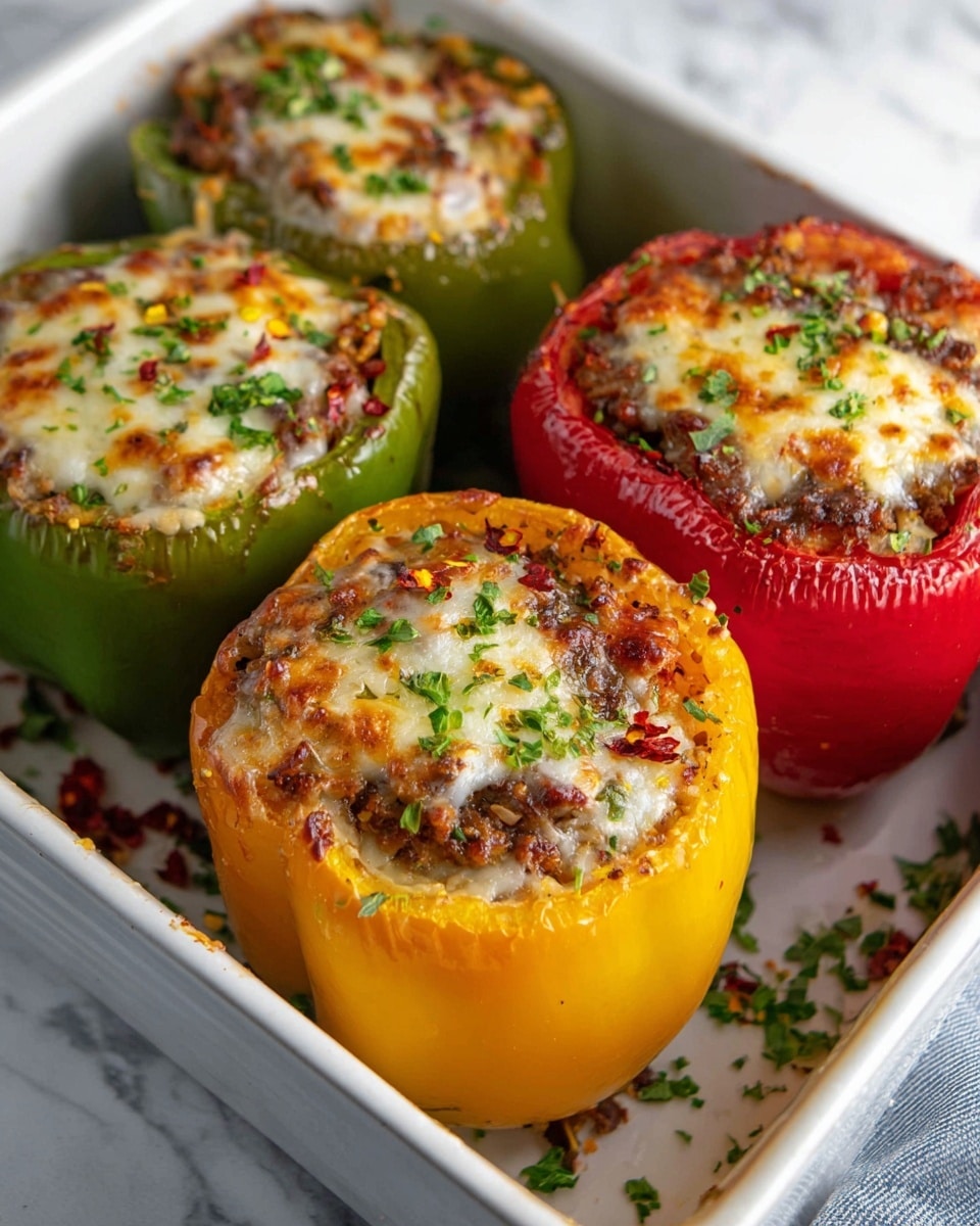 Four stuffed bell peppers sit closely together in a white rectangular baking dish on a white marbled surface. Each pepper is a different color: one green, one yellow, and two red, all standing upright. They are filled with a cooked mix of meat and rice topped with a layer of melted, browned cheese with some herbs sprinkled over it. The cheese has a slightly crispy texture and spots of dark golden brown, while the bell peppers’ outer skin is firm and smooth. Small bits of green herbs and red flakes lightly garnish the white dish around the peppers. Photo taken with an iphone --ar 4:5 --v 7