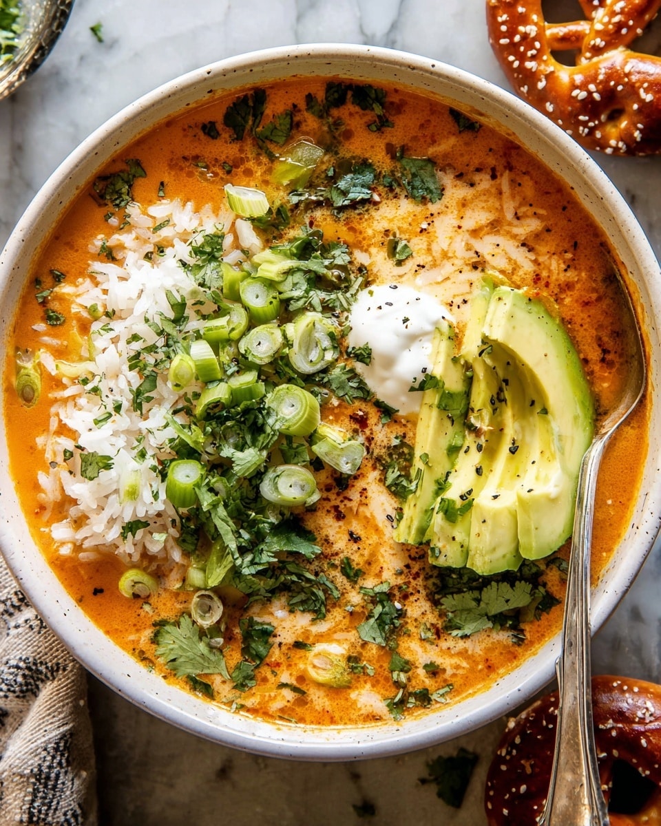 A white bowl filled with a creamy orange soup base, topped with a layer of white rice on one side. On the surface, there are bright green sliced scallions scattered on top along with chopped fresh cilantro. Three light green avocado slices rest on the right edge of the bowl above a small dollop of white sour cream or yogurt. A silver spoon is placed inside the bowl on the right side, and the bowl sits on a white marbled surface. Partially visible are pieces of a sesame seed-topped pretzel in the corners outside the bowl. Photo taken with an iphone --ar 4:5 --v 7