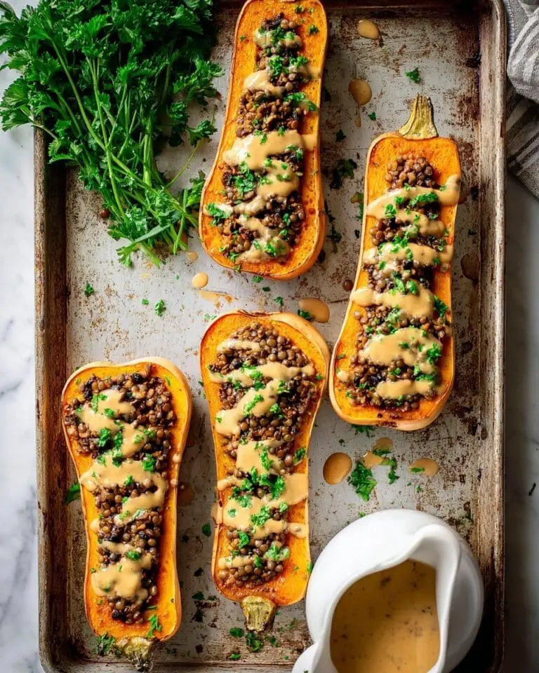 Creamy Lentil Stuffed Butternut Squash with Butternut Tahini Sauce Recipe