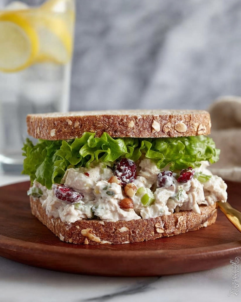 The image shows a sandwich with two slices of oat-covered brown bread. Inside the sandwich, there is a thick layer of mixed chicken salad with visible pieces of white creamy chicken, green celery, small red berries, and nut pieces. On top of the chicken salad, there is fresh, green leaf lettuce. The sandwich is placed on a wooden plate with a white marbled background, and a glass of water with lemon slices and ice cubes is blurred in the background. photo taken with an iphone --ar 4:5 --v 7