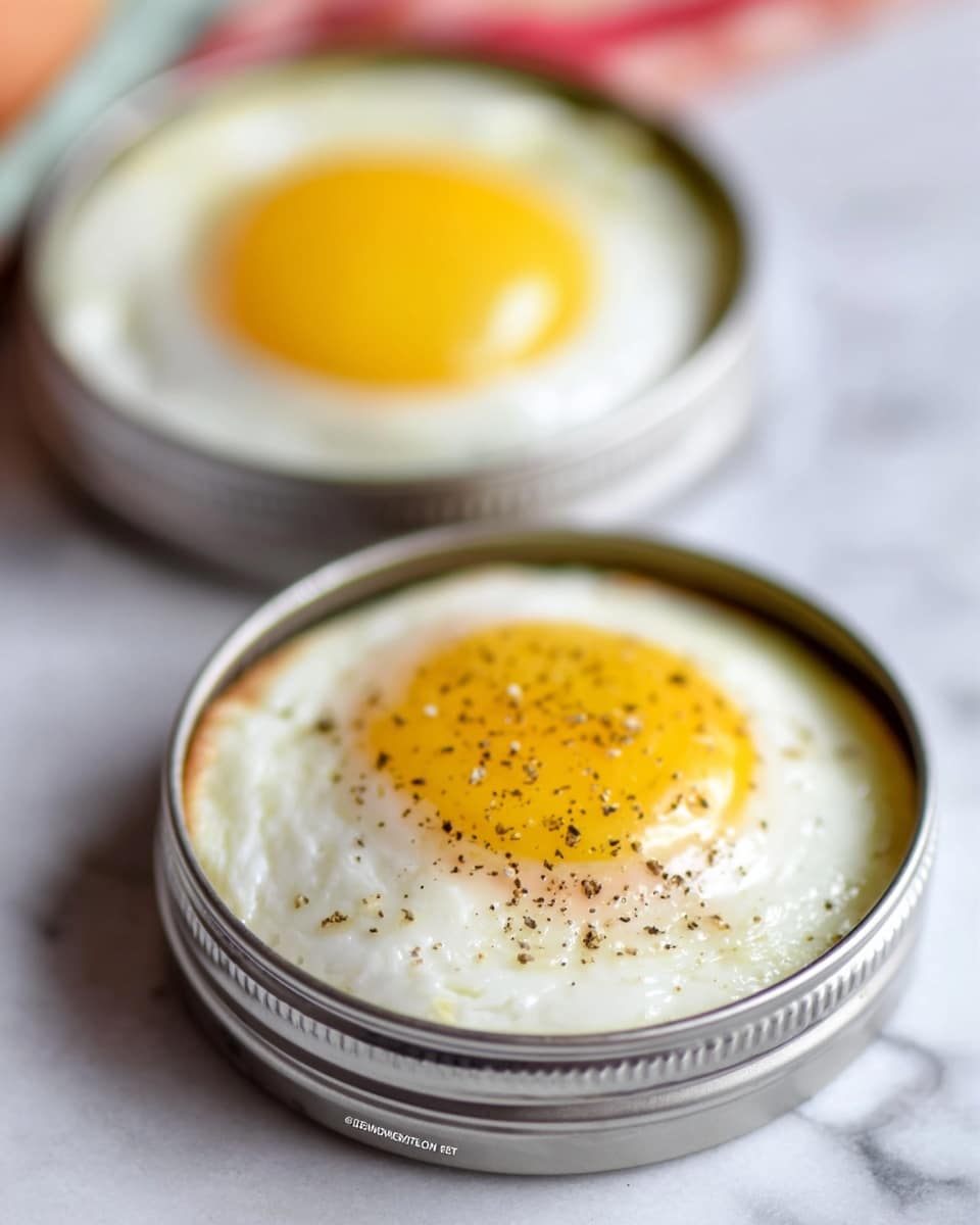The image shows a white plate with two halves of an English muffin, each topped with a perfectly cooked egg sunny side up, with white egg whites and bright yellow yolks sprinkled lightly with black pepper. Behind the eggs, there is a red strawberry adding a pop of color. The plate is set on a white marbled surface with a blurry red cloth and colorful pattern seen in the background. photo taken with an iphone --ar 4:5 --v 7