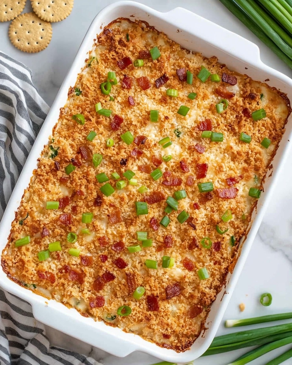 A white rectangular baking dish filled with a baked casserole that has one visible layer. The top layer is golden brown and crumbly with small bits of crispy bacon and green chopped scallions scattered evenly across the surface. The casserole texture looks slightly grainy with a mix of crunchy and soft parts. The dish is on a white marbled surface with green onions and round crackers placed nearby, and a striped cloth partially under the dish. Photo taken with an iphone --ar 4:5 --v 6.1