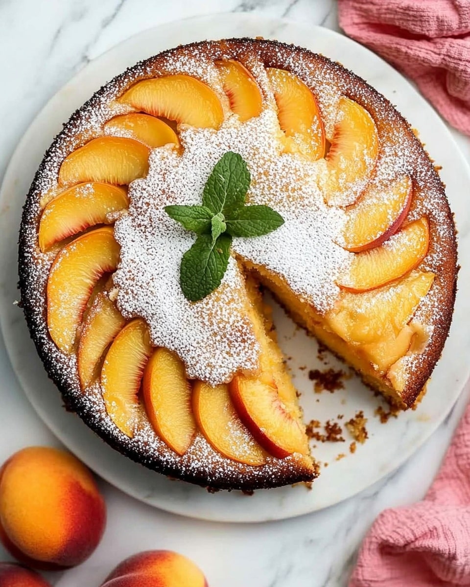 A round peach cake sits in a white plate with a golden-brown top and visible slices of peach baked into the surface, creating a textured pattern of yellow and orange. The cake is sprinkled with white powdered sugar, giving a soft dusted look, and garnished with two fresh green mint leaves on the right side. Around the plate, there are two peach halves with the pit showing, a whole peach, a small white bowl of powdered sugar, and a peach-colored cloth with white polka dots. The scene is set on a white marbled surface. Photo taken with an iphone --ar 4:5 --v 6.1