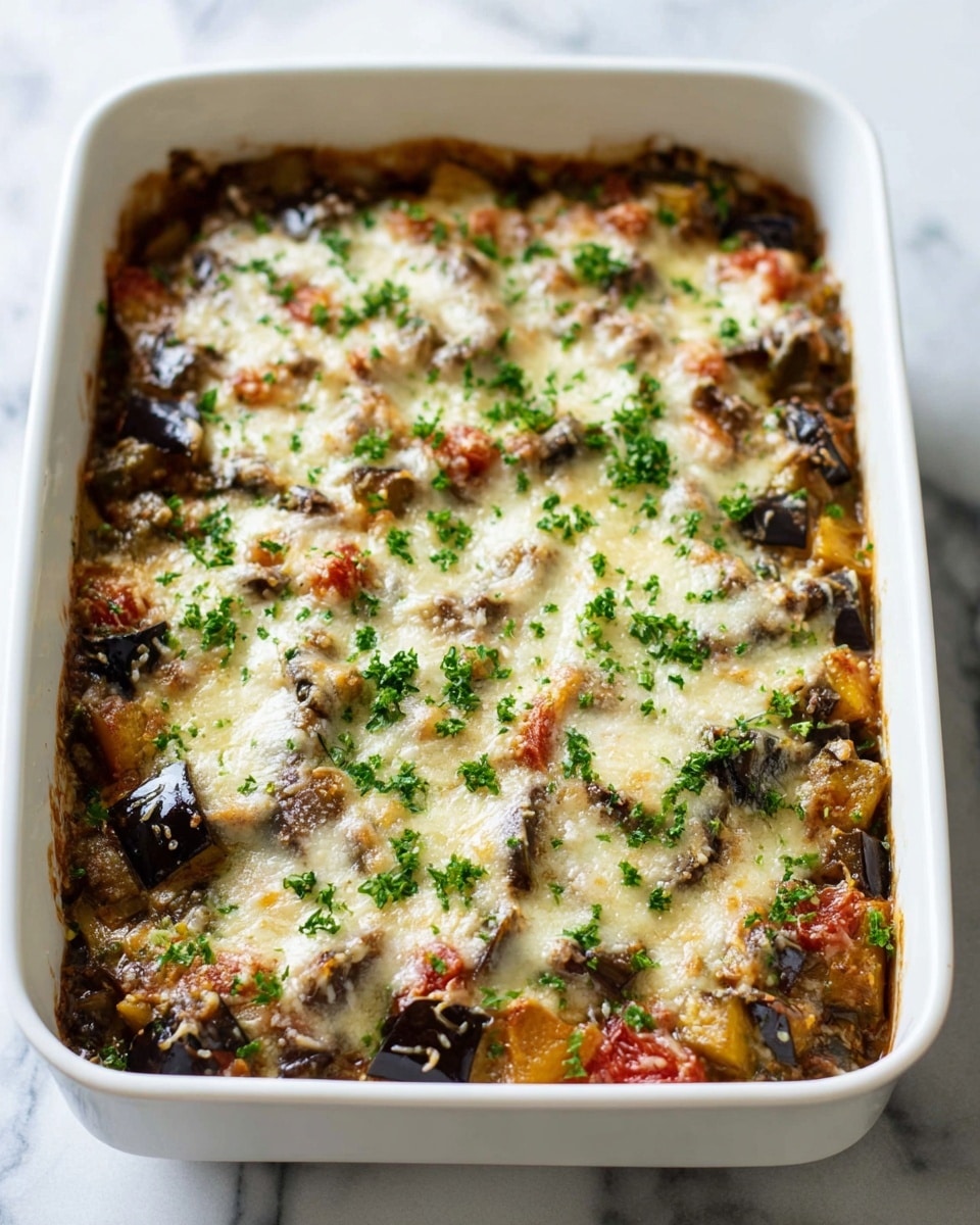 A white rectangular baking dish filled with a baked vegetable casserole showing a textured top layer of melted, lightly browned cheese covering chunks of dark purple eggplant and pieces of red and yellow vegetables. Bright green chopped herbs are sprinkled evenly on top, adding a fresh contrast. The edges of the dish show some caramelized bits where the cheese met the sides. A wooden spoon rests in the corner, partially submerged in the casserole. The dish is placed on a white marbled surface. photo taken with an iphone --ar 4:5 --v 7