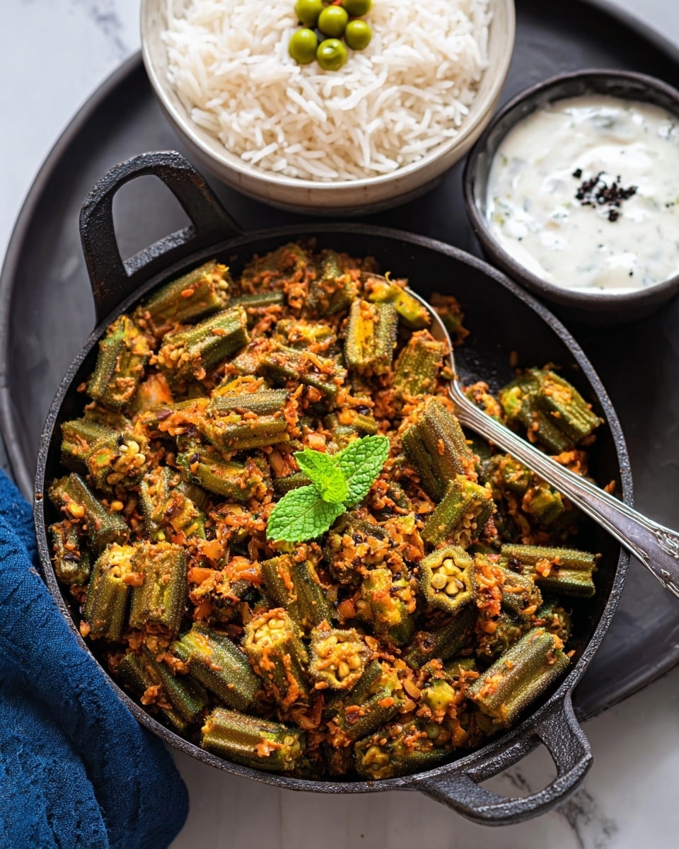 The image shows a round metal bowl with golden handles filled with a cooked vegetable dish made of diced okra mixed with orange spices and bits of tomato. Thin julienne strips of yellow ginger and small green mint leaves sit on top as garnish. Behind the bowl, there is a white bowl with a creamy white sauce containing small round pieces. Two golden spoons lie on a black textured surface next to the bowl. The scene is set on a white marbled surface with a dark blue cloth partially visible on the lower left side. photo taken with an iphone --ar 4:5 --v 7