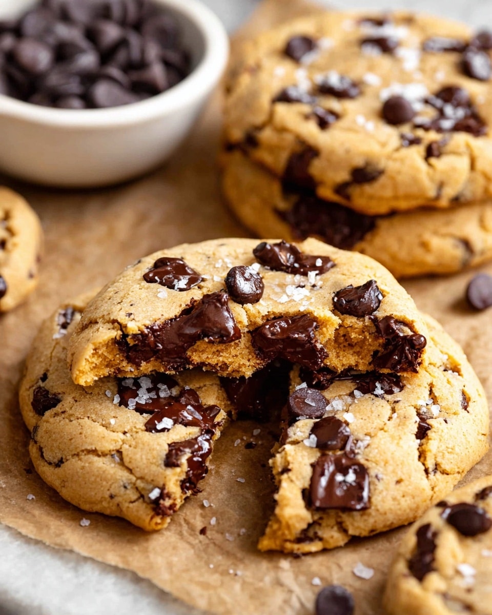 The image shows a close-up of soft chocolate chip cookies on a light brown parchment paper with a white marbled background. One cookie is broken in half on top, revealing a warm, crumbly orange-brown inside filled with melted dark chocolate chunks. The surface of the cookies is golden-brown with scattered dark chocolate chips and a light sprinkle of coarse sea salt crystals that add texture and contrast. A white bowl filled with dark chocolate chips is blurred in the background. photo taken with an iphone --ar 4:5 --v 7