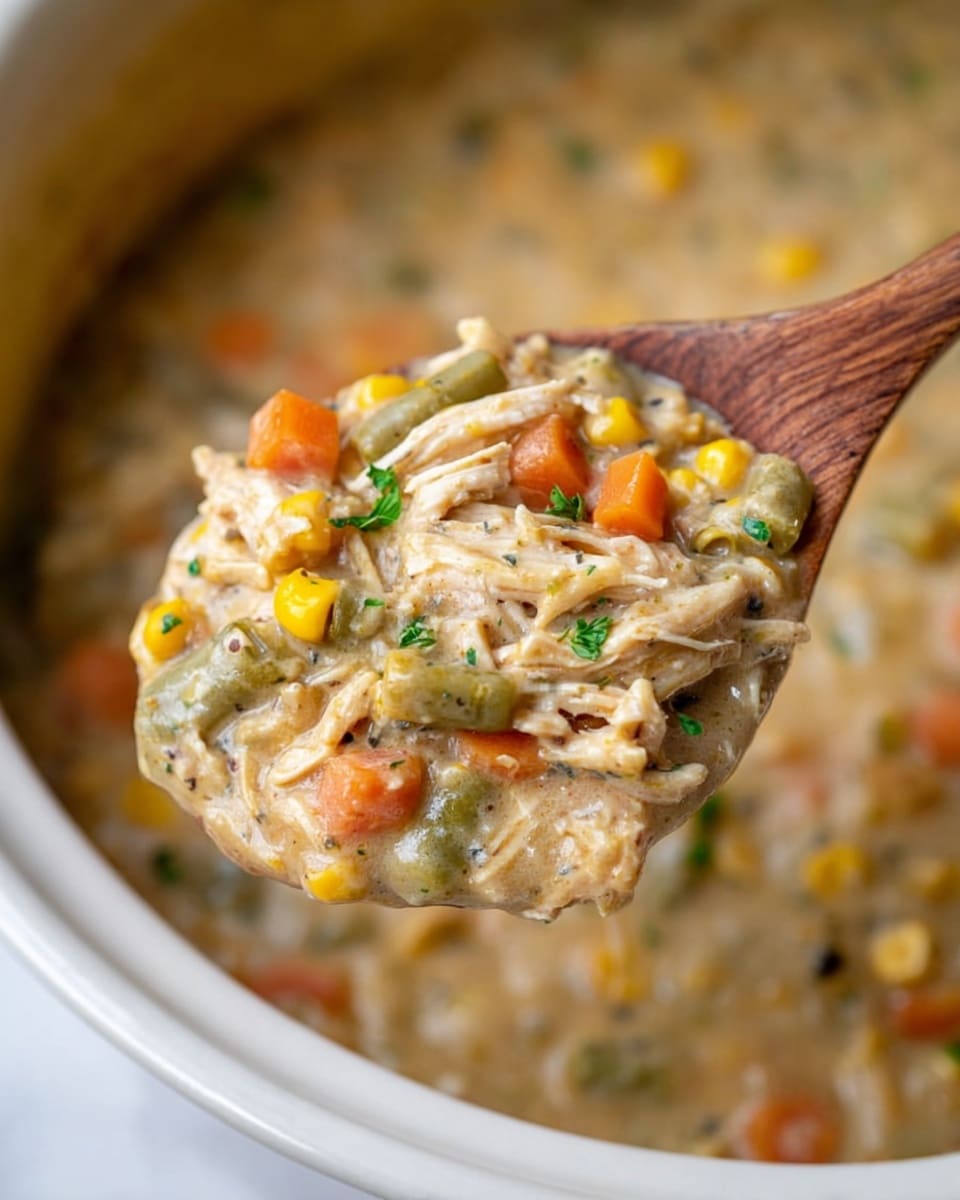 A white bowl on a wooden board holds a thick creamy chicken stew with visible pieces of shredded chicken, small diced carrots, corn, and peas mixed together, topped with a golden-brown biscuit sprinkled with small green herb pieces. In the background, another identical bowl and a white plate with more biscuits are partially visible, all placed on a white marbled surface with a white and yellow patterned cloth nearby. The colors are warm and inviting with a cozy, homemade feel. photo taken with an iphone --ar 4:5 --v 7