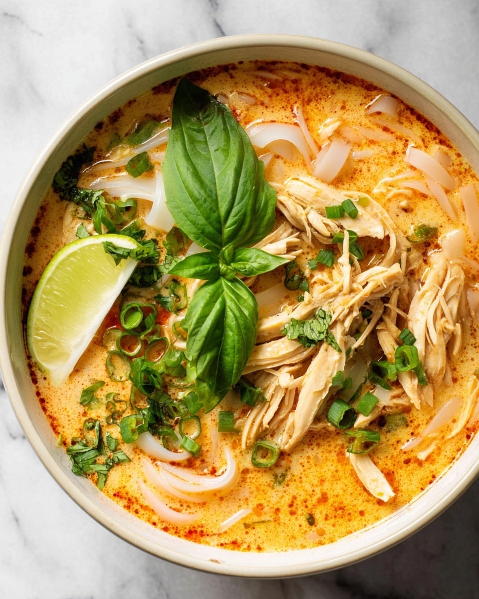 A bowl with creamy orange broth filled with thin white noodles and shredded light yellow chicken pieces. On top, bright green fresh basil leaf and chopped herbs like cilantro and green onions are scattered. A lime wedge rests on the left side inside the bowl. The bowl is white and placed on a white marbled surface. photo taken with an iphone --ar 4:5 --v 7