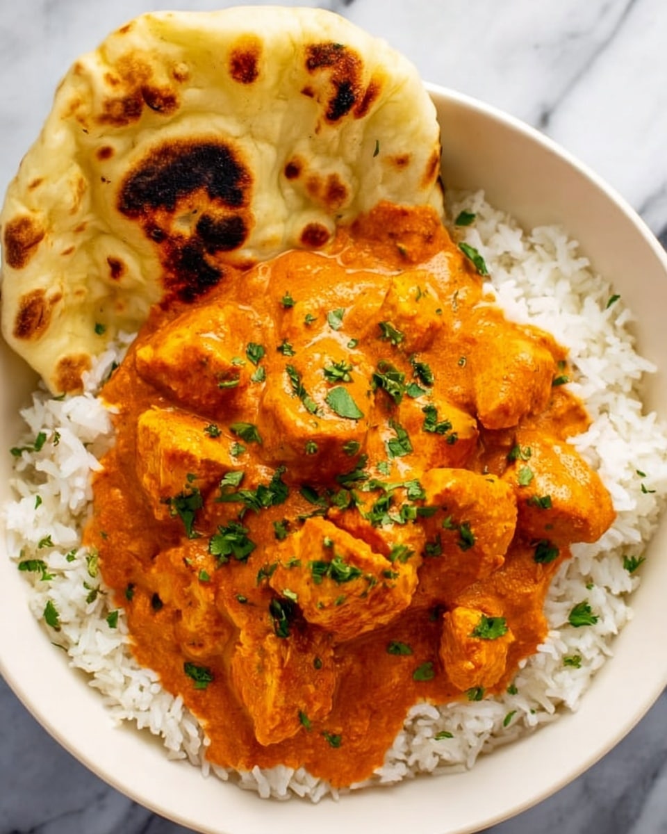 The image shows a white bowl filled with white rice as the base layer, with a thick orange curry poured on top that has chunks of chicken scattered throughout. Bright green chopped herbs are sprinkled over the curry for a fresh look. Resting on the edge of the bowl is a piece of naan bread, slightly browned with char marks. The bowl is placed on a white marbled surface. Photo taken with an iphone --ar 4:5 --v 7