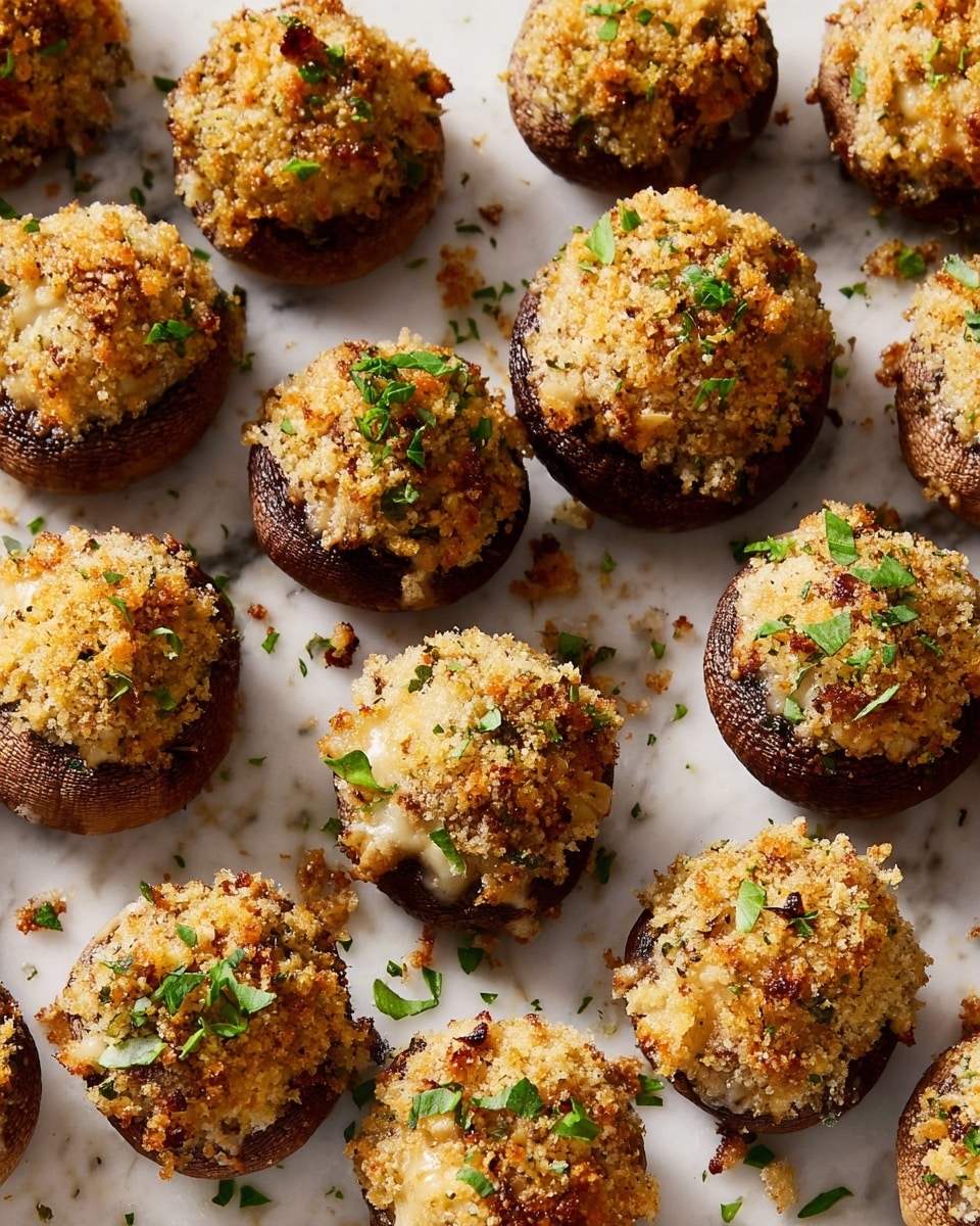A close-up view of several stuffed mushrooms placed on a dark textured surface, with each mushroom having a dark brown base filled with a golden-brown stuffing layer that appears crumbly and textured, topped with small green herb pieces scattered on and around the mushrooms, and a woman's hand with green nail polish gently picking one mushroom from the middle. Photo taken with an iphone --ar 4:5 --v 7