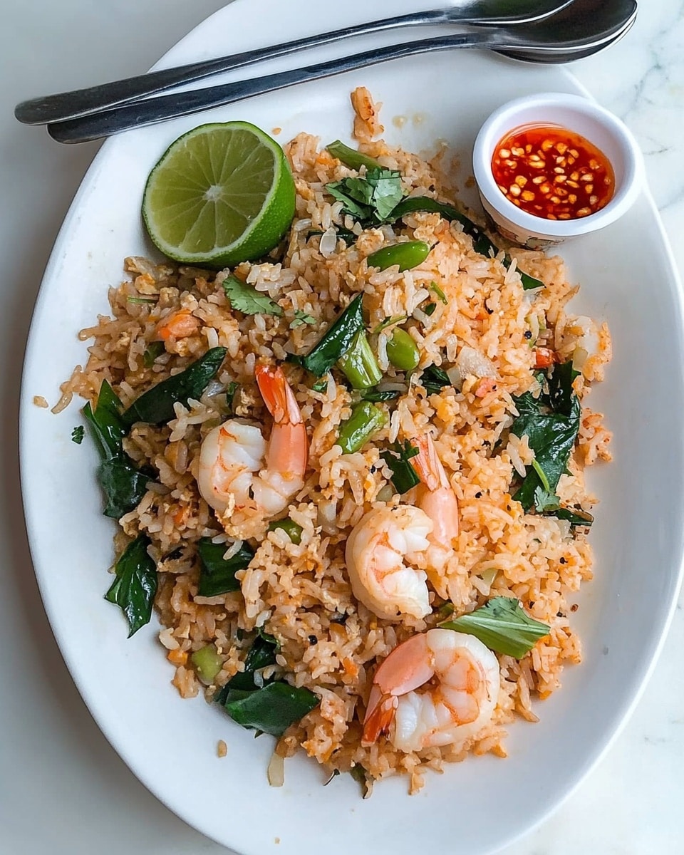 A white oval plate sits on a white marbled surface, filled with a single-layer serving of fried rice mixed with green leafy vegetables, small pink shrimp, and bits of light-colored onion. The fried rice is a warm orange-brown color, slightly moist with visible black pepper sprinkled on top. On one side of the rice is a halved lime showing a bright green, juicy interior. Two silver spoons with floral patterns rest on the plate's edge, partially touching the rice. Next to the plate on the white marbled surface is a small white bowl with a blue rim, holding a dipping sauce made of sliced red chili peppers floating in clear liquid. Photo taken with an iphone --ar 4:5 --v 6.1