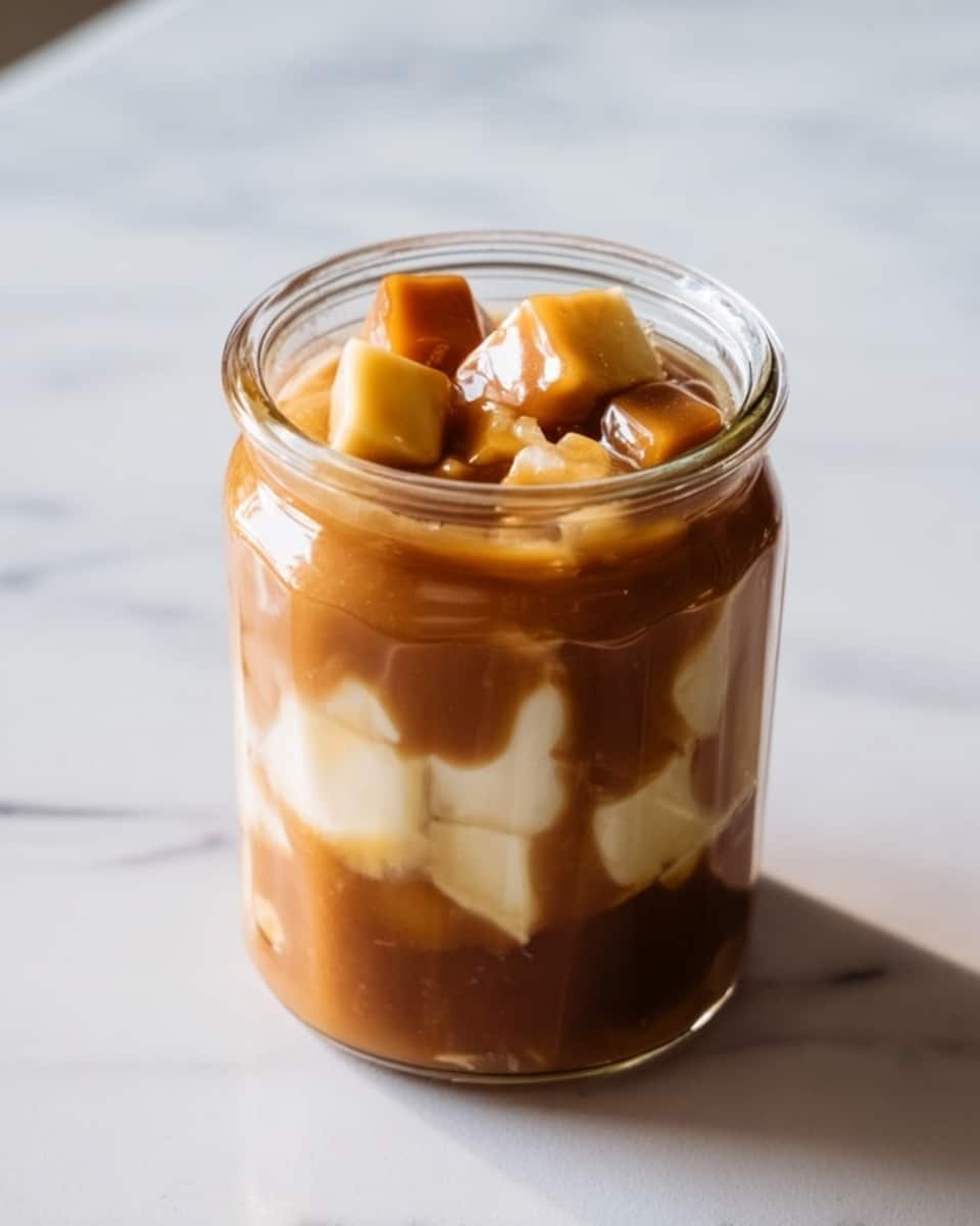 A clear glass jar filled with three visible layers: the bottom layer has light beige uneven chunks, the middle layer is a thick smooth caramel sauce with a rich golden brown color, and the top layer includes more beige chunks partially covered by the caramel, creating a glossy texture. The jar is placed on a white marbled surface with soft natural light casting gentle shadows, showing the details and colors clearly. photo taken with an iphone --ar 4:5 --v 7