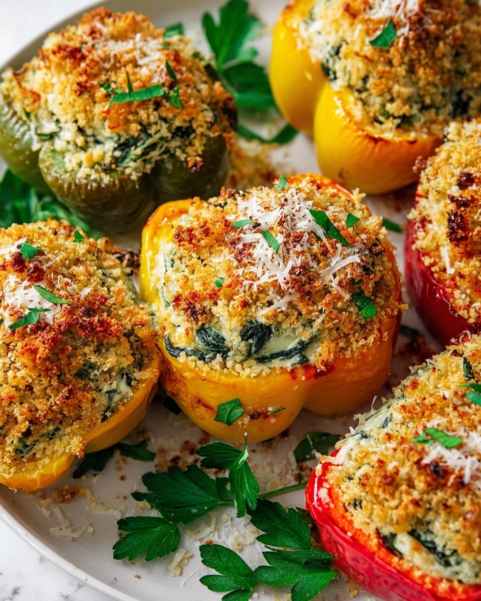 Two bright red pepper halves sit on a white plate on a white marbled surface. Each pepper half is filled with a creamy, beige-colored mixture with flecks of green herbs. The filling is topped with a golden brown, crumbly crust sprinkled with white grated bits. Some black pepper and crumbs are scattered around the plate. In the background, there is a blurred white bowl with green leafy garnish. Photo taken with an iphone --ar 4:5 --v 7
