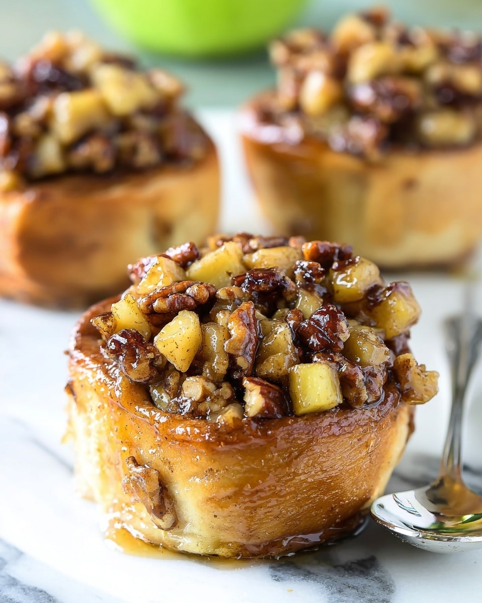 The image shows a small round cinnamon roll topped with a thick layer of chopped pecans and small pieces of apple, all covered in a shiny glaze. The cinnamon roll itself has a golden-brown color with visible soft layers and a slightly crispy outer edge. The topping is dense with dark brown and light tan pecans mixed with yellowish apple chunks. The rolls are placed on a white marbled surface with hints of green blurred in the background. A small silver spoon is beside the roll in the front. Photo taken with an iphone --ar 4:5 --v 7