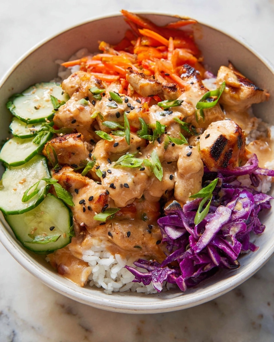 The dish is served in a white bowl with a white marbled background. The bottom layer is white rice, topped with grilled chicken pieces covered in a light brown creamy sauce. On one side, there is a layer of sliced green cucumbers with a smooth shiny texture. On the other side, there is a colorful mix of purple cabbage strips and orange carrot slices, also lightly coated in the sauce. The dish is garnished with small green scallion slices and black sesame seeds scattered on top. Photo taken with an iphone --ar 4:5 --v 7