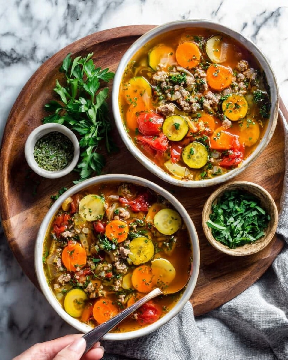 The image shows two white bowls of vegetable soup on a round wooden tray. Each bowl has rich, colorful layers with bright orange carrot slices, yellow squash, red tomato chunks, and green herbs mixed with bits of ground meat in a clear broth. Around the bowls, fresh green herbs and a small white bowl with chopped greens add fresh color. A woman's hand holds a spoon inside one bowl. The background is a white marbled surface with a soft gray cloth nearby. photo taken with an iphone --ar 4:5 --v 7