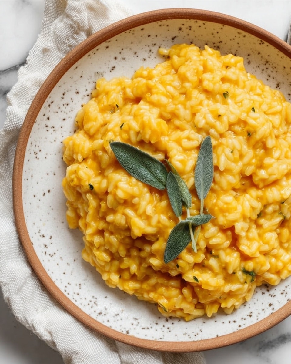 A close-up view of a creamy, bright orange risotto with a soft, smooth texture on a white speckled plate with a brown rim. The risotto is thick and evenly spread, showing plump rice grains mixed with tiny pieces of a similar orange ingredient throughout. On top, three green sage leaves are placed as garnish, adding a touch of contrast and freshness. The plate sits on a white marbled surface with a light-colored cloth napkin casually placed to the side. photo taken with an iphone --ar 4:5 --v 7