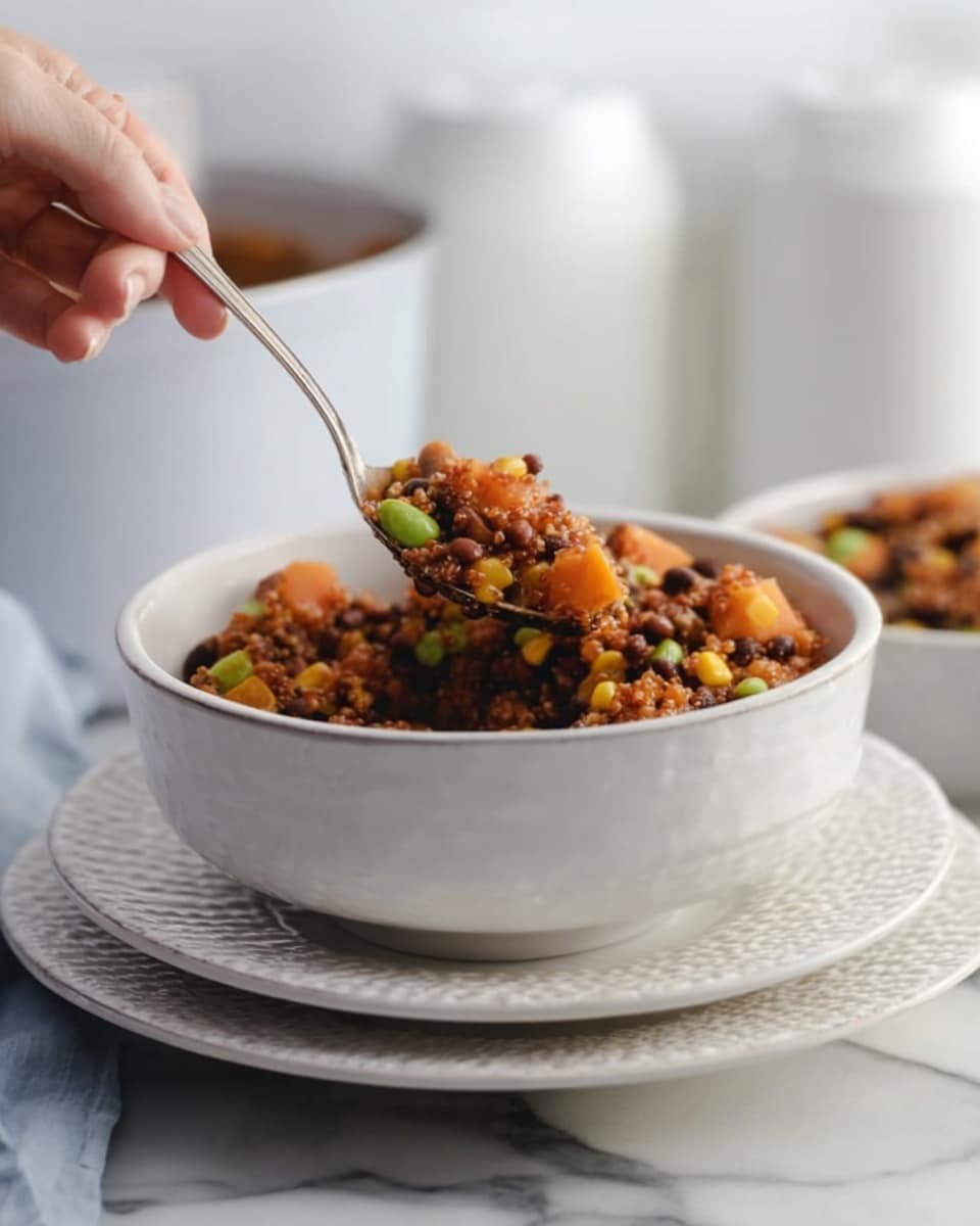 A white bowl filled with a chunky, colorful dish is shown, resting on two stacked white plates with textured rims on a white marbled surface. The dish has visible layers including brown grains or beans, bright orange cubes likely squash or sweet potato, green edamame or peas, and small yellow corn kernels, all mixed together creating a textured and vibrant look. A woman's hand is holding a silver spoon inside the bowl, lifting a portion of the mixture. The background is softly blurred with white containers adding to the clean, simple feel. photo taken with an iphone --ar 4:5 --v 7