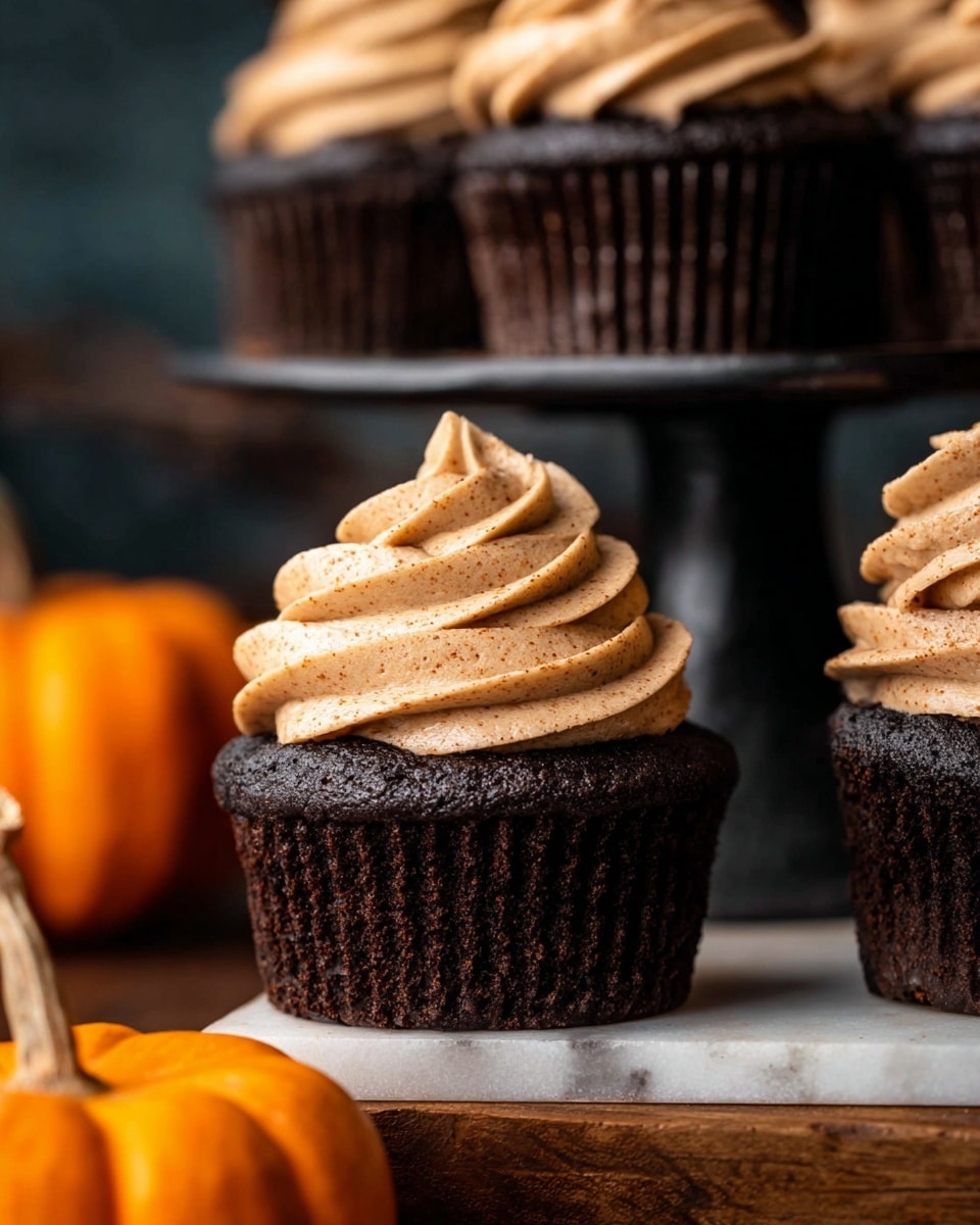 Two dark chocolate cupcakes sit on a brown wooden board with a white marbled surface beneath. Each cupcake has one thick swirl of light brown frosting with a smooth, creamy texture on top. More cupcakes with the same frosting are placed on a dark stand in the background. Small orange pumpkins are scattered around, adding a touch of fall color. The background is dark and blurry. photo taken with an iphone --ar 4:5 --v 7