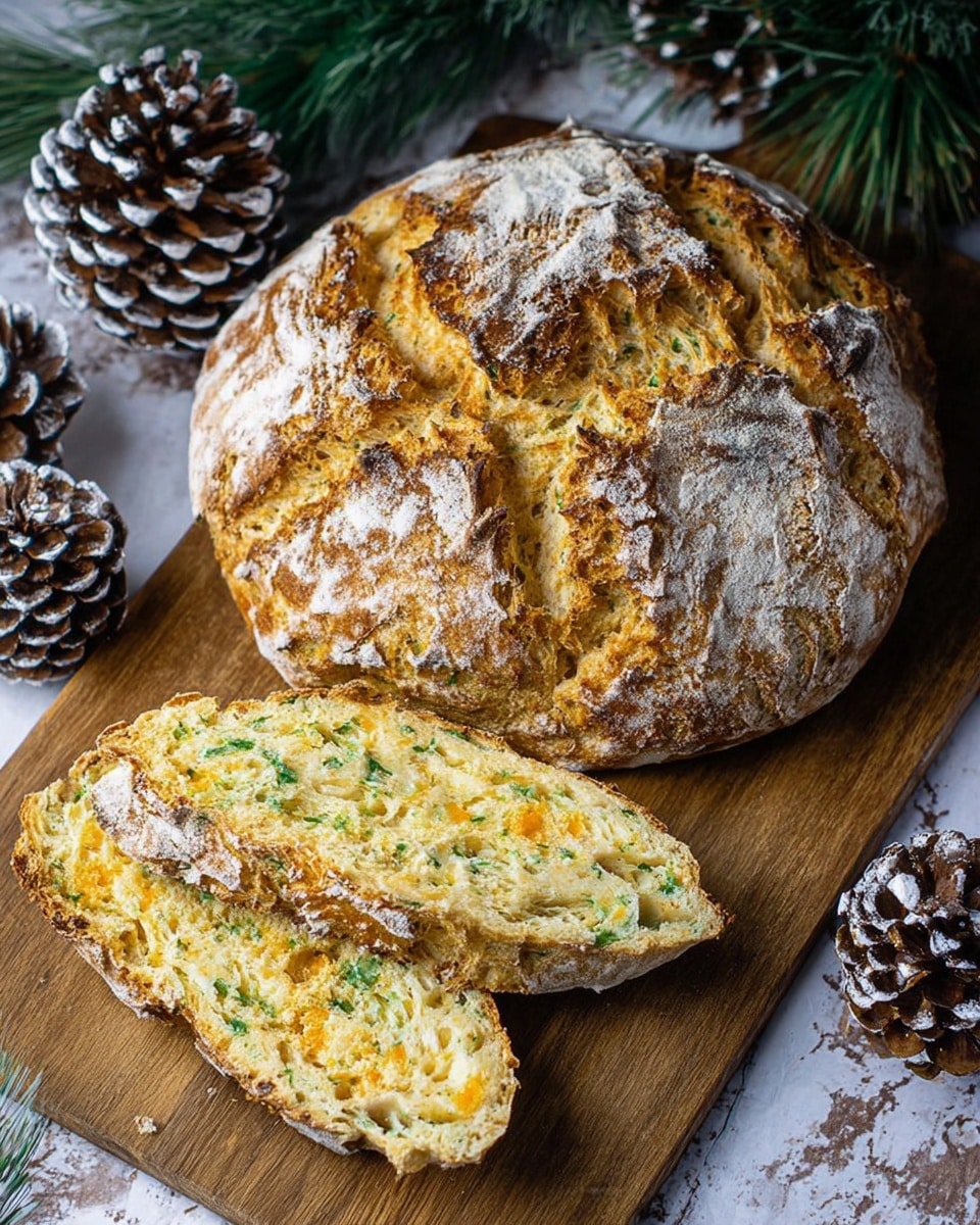 A round loaf of bread with a rough, golden-brown crust dusted with white flour sits on a wooden cutting board. The bread top has deep cracks forming a cross shape, showing a rustic texture. Two thick slices lie next to the loaf, revealing a pale yellow inside with green herb pieces and orange bits spread throughout, creating a colorful pattern. Around the board, there are pinecones with white tips and green pine needles on a white marbled surface. Photo taken with an iphone --ar 4:5 --v 7