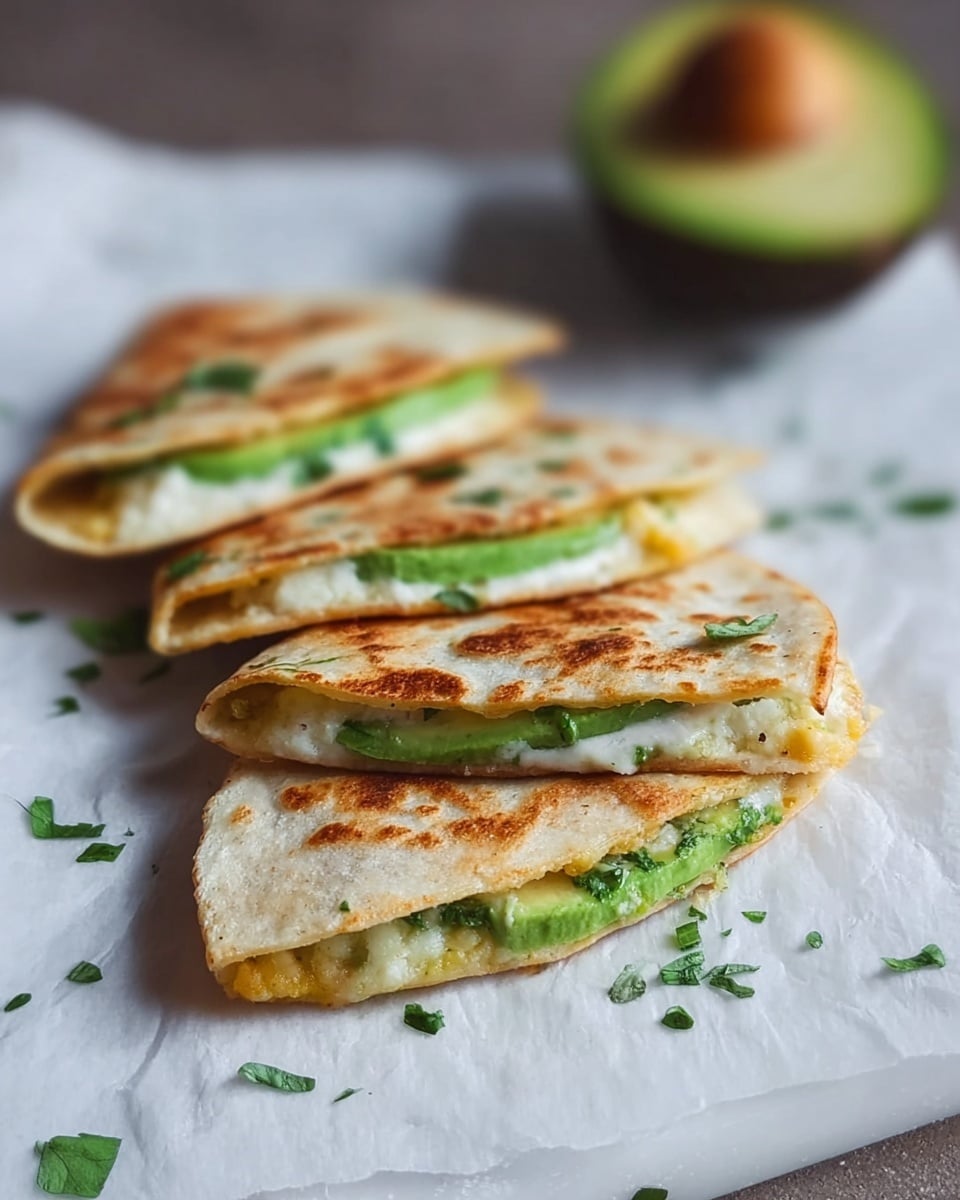The image shows three folded small tortillas on a white marbled surface with some torn white paper underneath. Each tortilla is golden brown with slight toasting marks and is folded in half, revealing layers inside. The inner layers have a green avocado slice and white soft cheese spread, with some small bits of green herbs scattered on and around the tortillas. In the background, a halved avocado with a large brown seed is visible, slightly blurred. The colors focus on the light brown tortillas, green avocado, and white cheese with a textured and casual arrangement. photo taken with an iphone --ar 4:5 --v 7