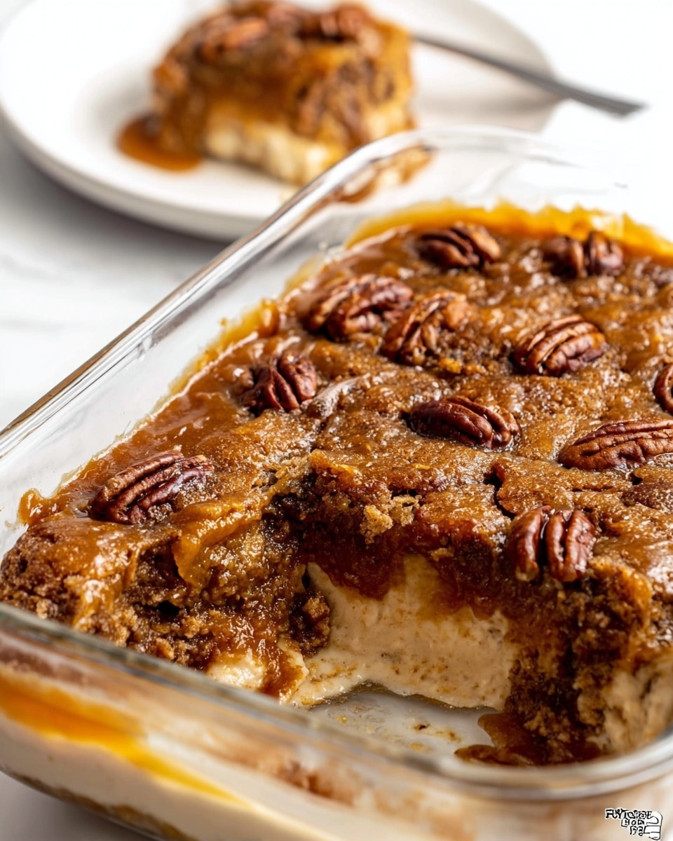 A single square piece of dessert with three visible layers is placed in a white bowl: the bottom layer is light brown and firm, the middle layer is softer and beige, and the top layer is a crunchy mixture with dark brown pecans spread evenly. On top of the dessert, there is a round scoop of creamy, pale vanilla ice cream slightly melting at the edges. The bowl sits on a white marbled surface, with a spoon resting behind the dessert inside the bowl. Photo taken with an iphone --ar 4:5 --v 7