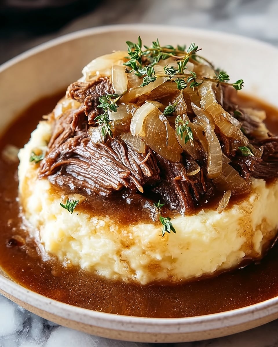A white plate holds a dish with three layers: the bottom layer is creamy mashed potatoes with a smooth, soft texture and a pale yellow color. Above it sits a thick piece of slow-cooked beef that looks tender and shredded, dark brown with visible meat fibers. The top layer consists of caramelized onions, golden and translucent with some light brown edges, garnished with fresh green thyme sprigs. The dish is surrounded by a glossy, rich brown gravy that pools around the mashed potatoes. The whole scene is set on a white marbled surface. photo taken with an iphone --ar 4:5 --v 7