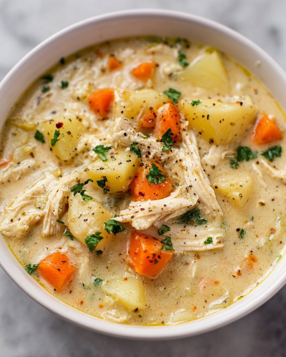 A white bowl filled with creamy chicken and vegetable soup showing chunky pieces of shredded chicken, small bright orange carrot cubes, and small white potato pieces. The soup has a thick yellowish broth with visible specks of black pepper and green chopped herbs sprinkled on top. A gold spoon is placed inside the bowl, resting on the left side, with a soft green cloth in the blurred background over a white marbled surface. photo taken with an iphone --ar 4:5 --v 7
