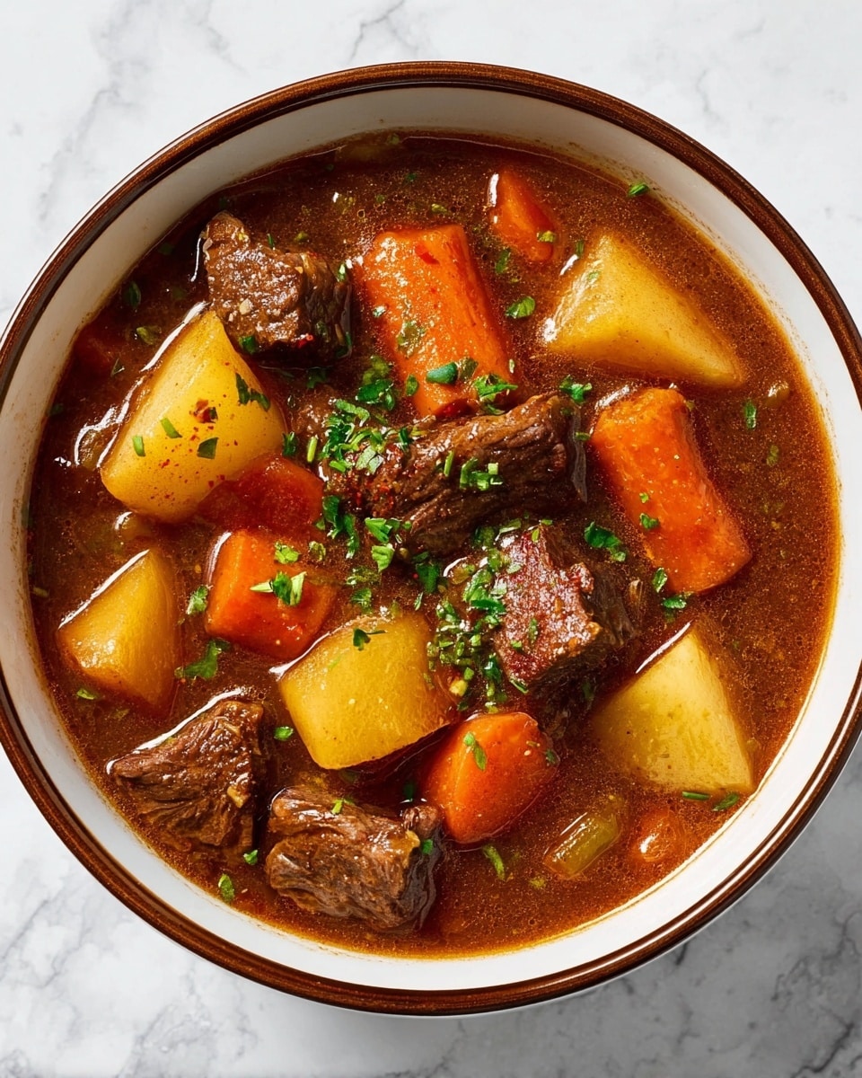 A white bowl filled with rich brown stew that has visible thick chunks of tender beef. Large pieces of orange carrots and white potatoes with a slight yellow tint float in the stew, along with translucent pieces of onion. The surface of the stew has a glossy texture with small black pepper specks, and two small sprigs of fresh green thyme lie on top. The bowl is set on a white marbled textured surface photo taken with an iphone --ar 4:5 --v 7