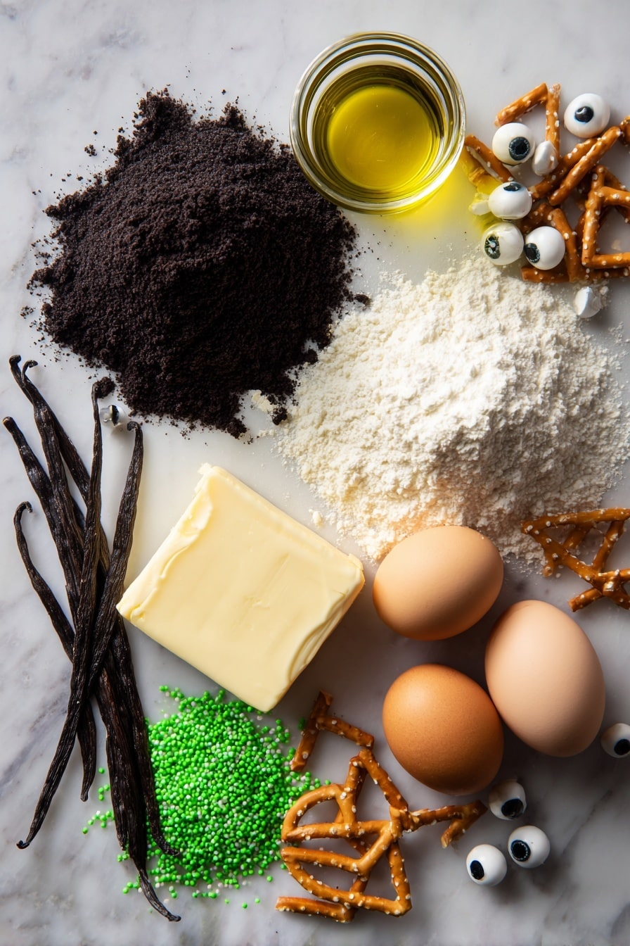 Flat lay of rich, dark Devil’s Food cake mix powder in a small mound, two large brown eggs with smooth shells, a small glass jar of golden canola oil catching light, soft pale yellow unsalted butter block, fluffy white powdered sugar softly spilled beside it, fresh vanilla bean pods with glossy black seeds visible, vibrant green sprinkles glistening next to round candy eyeballs with white and black details, crunchy golden pretzel sticks broken in half, all neatly arranged with contrasting colors and textures, placed on white marbled surface, photo taken with an iphone --ar 2:3 --v 7 - Cauldron Cookie Cups with Spooky Green Buttercream and Halloween Decorations, Halloween cookie cups, spooky Halloween treats, festive Halloween desserts, easy Halloween cookies