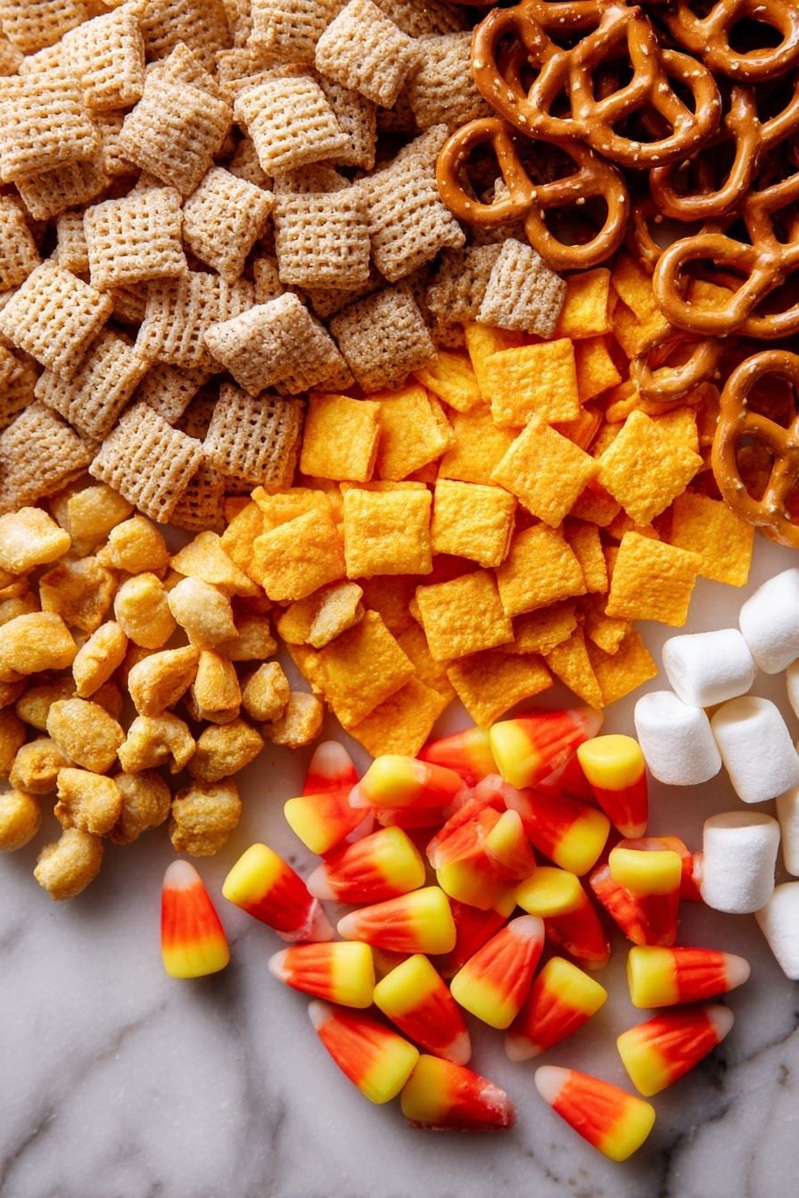 Flat lay of golden peanut butter corn cereal squares with a crunchy texture, light brown wheat cereal squares with a subtle sheen, tiny twisted mini pretzels in warm brown tones, bright orange cheddar cheese crackers with a slightly rough surface, glossy honey nut o’s cereal in soft golden hues, small white fluffy mini marshmallows, vibrant yellow and orange candy corn with smooth candy coating, and colorful peanut butter candy pieces in shades of red, orange, and yellow, all naturally scattered and overlapping in a casual, inviting way, placed on white marbled surface, photo taken with an iphone --ar 2:3 --v 7 - Sweet and Salty Fall Snack Mix, fall snack mix, easy fall snacks, cozy fall treats, festive snack mix