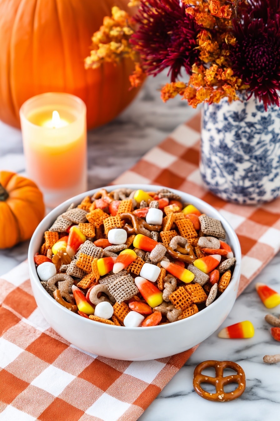 Two clear glass jars with wooden lids are filled with a mix of small snack pieces. Inside the jars, there are orange, yellow, and white candy pieces, small white soft chunks, brown pretzels, square orange crackers, and light brown cereal squares mixed with textured brown chips. One jar stands on a white marbled surface near the lower right side, while a second jar is held by a woman's hand on the left side. Behind the jars, there is a white vase with blue floral patterns holding a bouquet of colorful flowers in shades of red, orange, green, and purple. The background is softly blurred, with warm and cozy tones. photo taken with an iphone --ar 2:3 --v 7 - Sweet and Salty Fall Snack Mix, fall snack mix, easy fall snacks, cozy fall treats, festive snack mix
