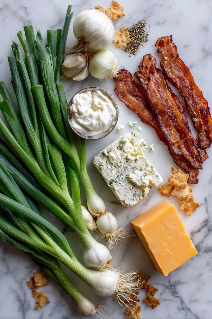 Flat lay of fresh scallions with vibrant green stalks and white bulbs, several crispy cooked bacon strips with rich reddish-brown tones, a block of sharp cheddar cheese with a bright orange color and crumbly texture, a smooth block of cream cheese with its creamy white surface, a small bowl of sour cream showing thick and glossy texture, fresh horseradish root with a rough pale skin and leafy green tops, a sprinkle of Everything But the Bagel seasoning featuring black poppy seeds, white sesame seeds, dried onion flakes, and garlic pieces scattered artfully, and a few golden-brown bagel chips with a crispy texture, all beautifully arranged in a natural, slightly overlapping composition placed on white marbled surface, photo taken with an iphone --ar 2:3 --v 7 - Everything Bagel Cheeseball, cheeseball recipe, savory appetizer, party appetizer, easy cheese ball