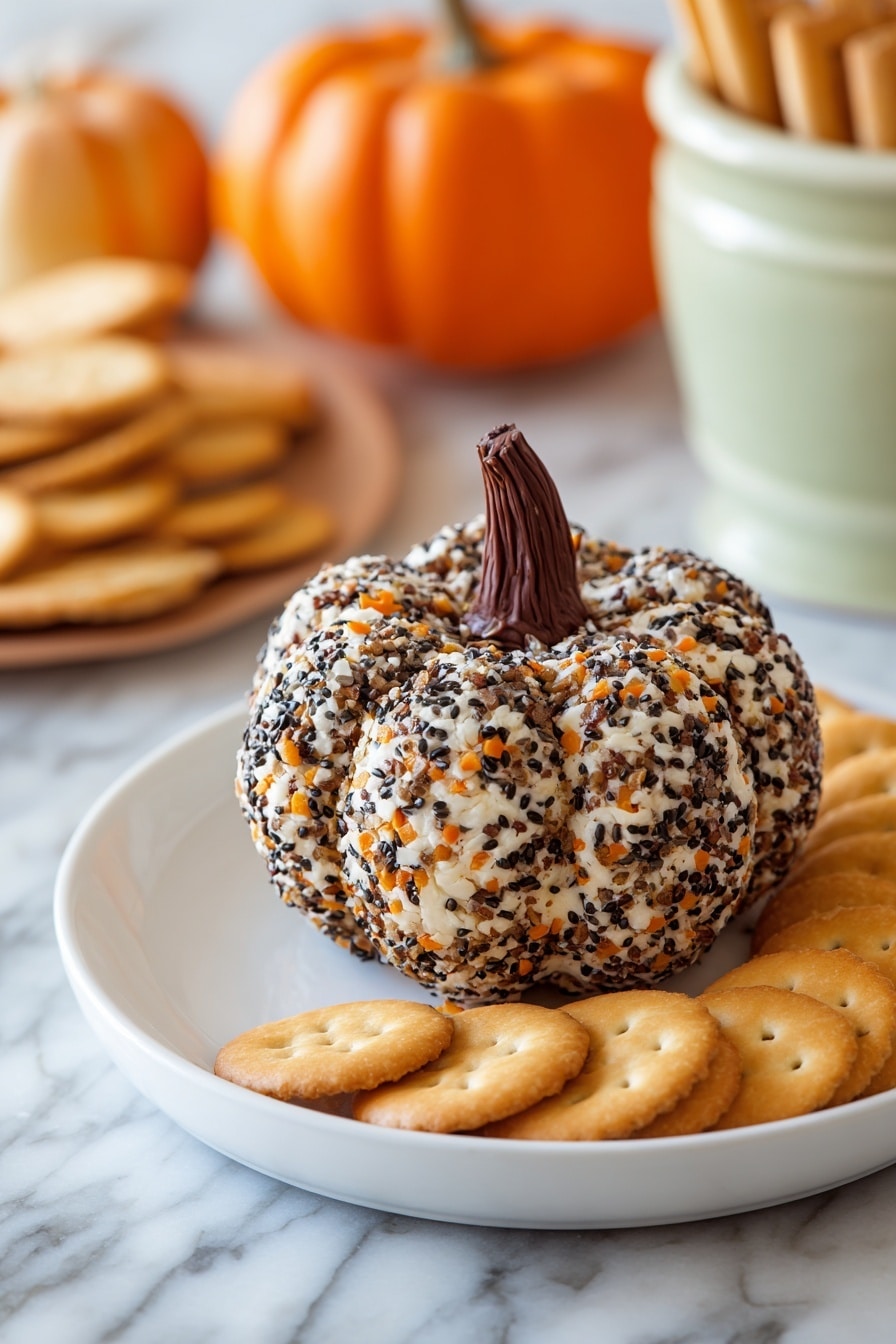 A small round ball covered in a mix of black, white, and brown seeds and spices sits on a white plate, with more of the seed mix scattered around its base. On top of the ball is a long light brown piece shaped like a pumpkin stem, with ridges running vertically. A woman's hand is holding the stem at the top, lifting the ball slightly. The background and surface have a soft, white marbled texture. photo taken with an iphone --ar 2:3 --v 7 - Everything Bagel Cheeseball, cheeseball recipe, savory appetizer, party appetizer, easy cheese ball