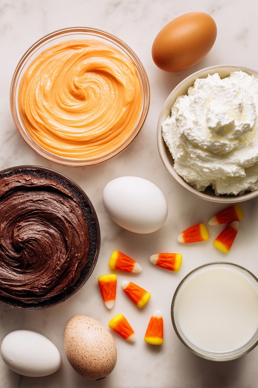 Flat lay of bright orange tinted cupcake batter swirled in small dollops, rich dark chocolate cake batter with a deep brown color and glossy texture, vibrant orange paste food coloring in a small smear, plump golden-yellow and orange candy corn pieces with smooth shiny surfaces, fluffy white frozen whipped topping with soft peaks, two large brown-speckled eggs, a smooth white carton of sour cream with creamy texture visible, and a small glass of pale 2% milk showing its cool freshness, all beautifully arranged with natural shadows and highlights, placed on white marbled surface, photo taken with an iphone --ar 2:3 --v 7 - Chocolate Candy Corn Cupcakes, Halloween Cupcakes, festive chocolate cupcakes, easy pumpkin cupcakes, spooky dessert ideas