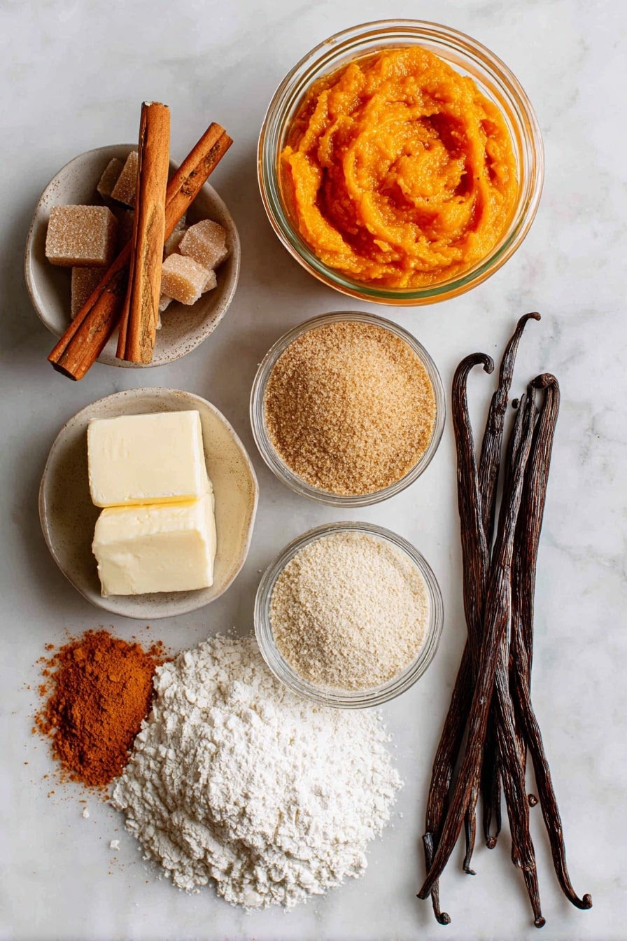 Flat lay of vibrant orange pumpkin puree in a small glass jar, soft golden vegan butter blocks with creamy texture, warm brown sugar crystals in a small pile, bright white powdered sugar dusted lightly, rich cinnamon sticks with reddish-brown tones, a scattering of pumpkin pie spice powder in soft earthy hues, pale beige all-purpose flour forming a small mound, and smooth vanilla beans with shiny dark brown pods all beautifully arranged with natural spacing and soft shadows, placed on white marbled surface, photo taken with an iphone --ar 2:3 --v 7 - Soft Pumpkin Cookies with Cinnamon Frosting, pumpkin spice cookies, fall pumpkin cookies, tender pumpkin cookies recipe, cinnamon frosting dessert