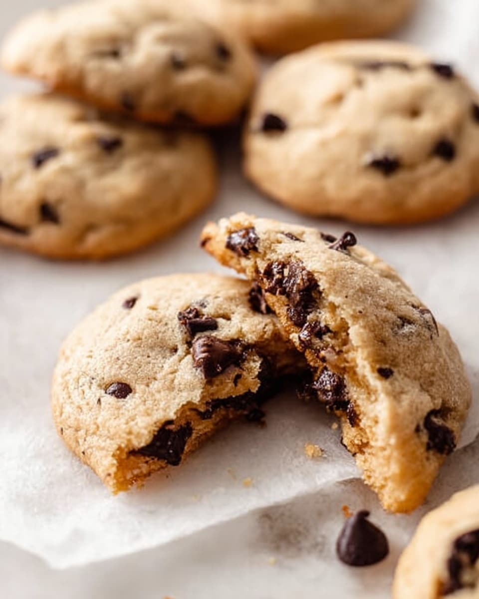 A white wire cooling rack filled with about ten round chocolate chip cookies, each cookie light golden brown with scattered dark chocolate chips throughout. The cookies have a soft texture with slight cracks on the surface. To the right, some loose chocolate chips are scattered on a white marbled surface along with a metallic ice cream scoop. A white cloth is partially visible at the bottom right corner. photo taken with an iphone --ar 4:5 --v 7
