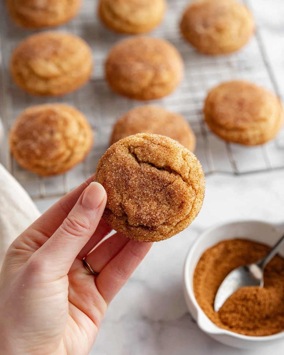 A close-up view of a baking tray holding six round, soft cookies with a light golden brown color, each covered with a sparkling layer of sugar and cinnamon. The cookies have lightly cracked, bumpy surfaces with slightly darker edges. The tray is metal and rests on a white marbled surface. Near the tray, there is a small white bowl filled with cinnamon sugar and a small pumpkin partially visible in the bottom corner. Photo taken with an iphone --ar 4:5 --v 7