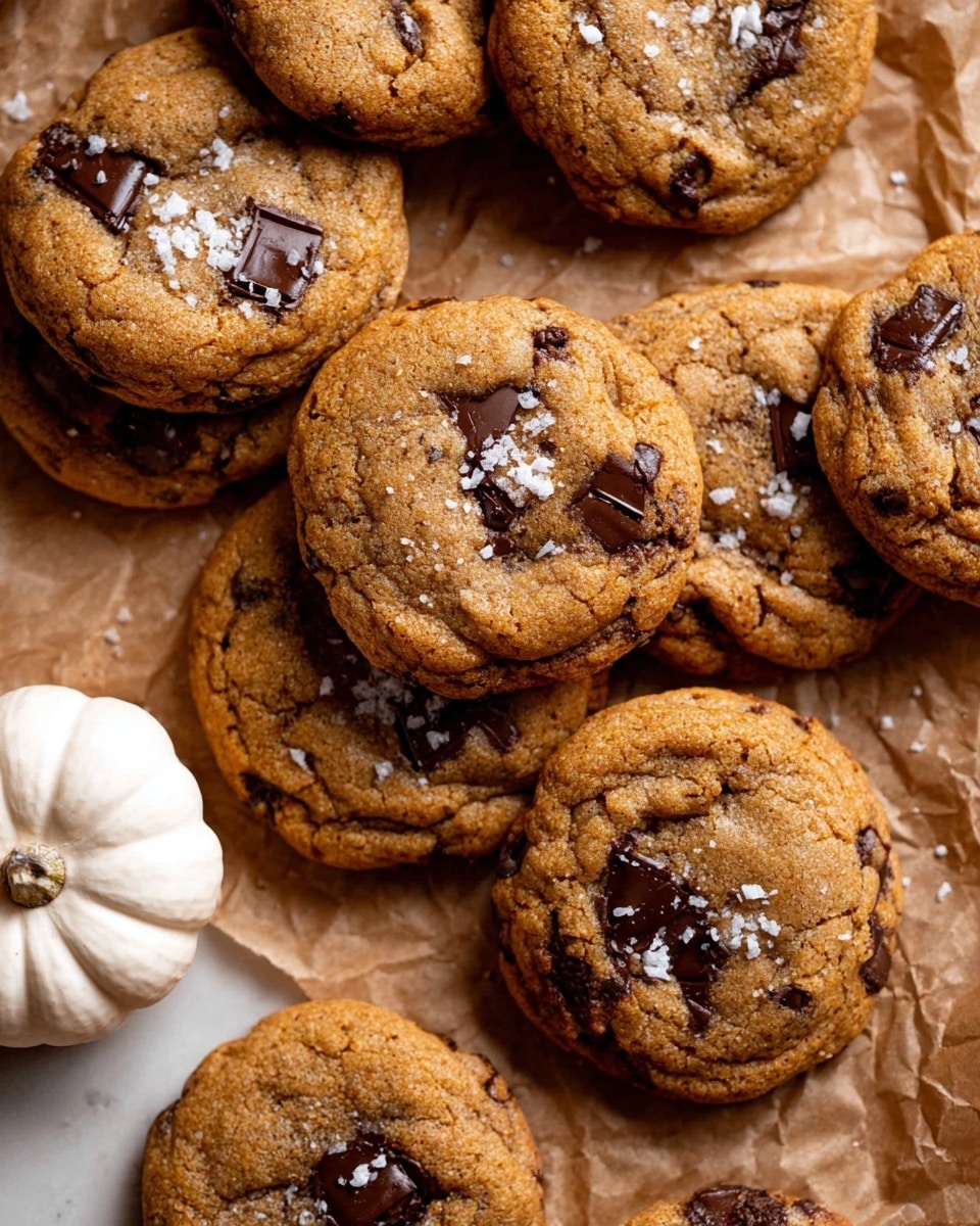 A close-up of two round chocolate chip cookies stacked on a light brown crinkled paper. The front cookie has a bite taken from it, showing a soft and slightly melted dark chocolate inside with a light golden brown textured dough. Dark chocolate chunks are seen generously spread over the top of both cookies, with a sprinkling of coarse sea salt on the surface. There are small cookie crumbs scattered around on the paper. The background features a large white pumpkin blurred in soft focus. Photo taken with an iphone --ar 4:5 --v 7