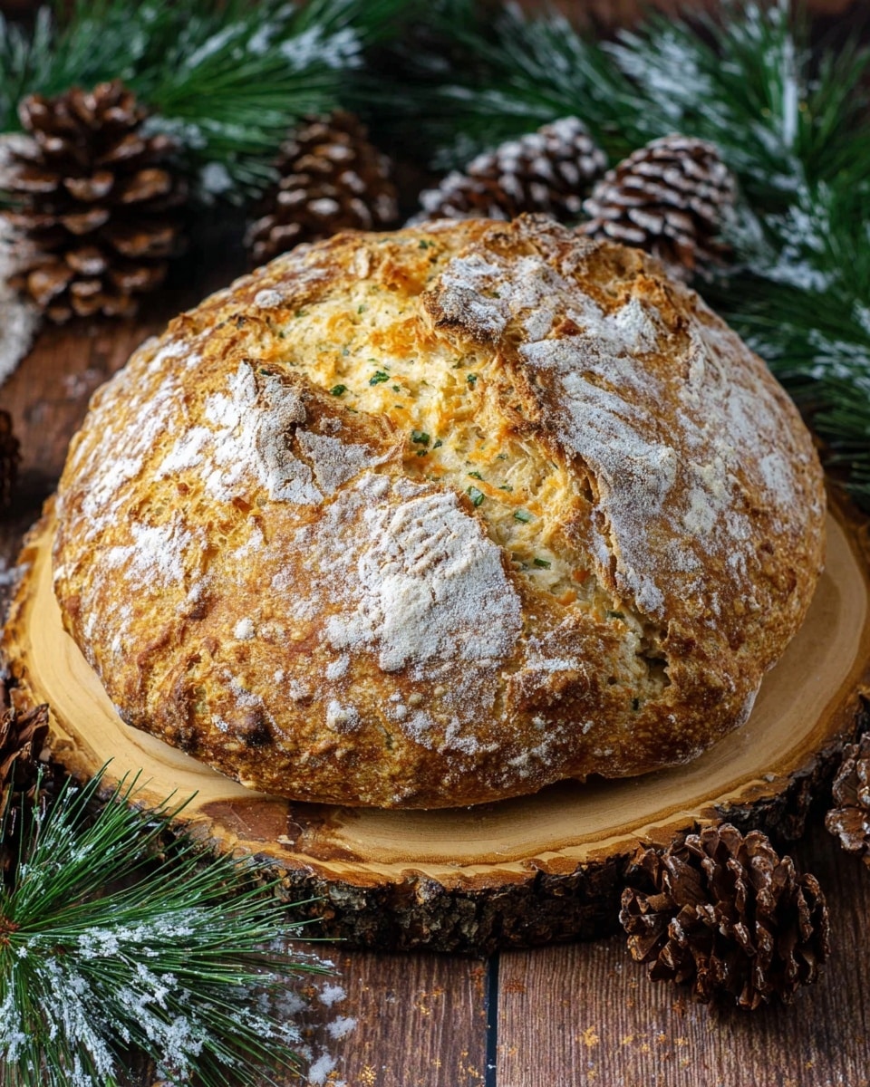 A round loaf of rustic bread is shown on a round wooden board with bark edges. The loaf has a rough crust covered with a light dusting of white flour. It is golden brown in color with some darker brown spots and visible bits of herbs and cheese inside the bread. The surface is cracked, showing the soft texture inside. Around the bread are pine cones dusted with white and green pine branches on a wooden surface. The photo was taken with an iphone --ar 4:5 --v 7