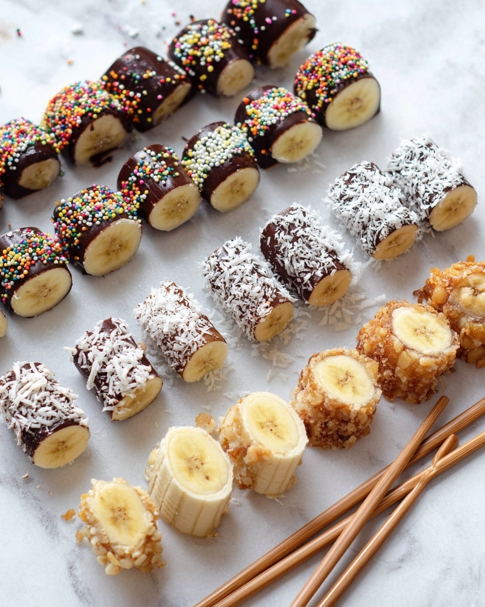 The image shows several banana pieces on a white marbled surface, each covered with different toppings. The first group has four banana slices dipped in dark chocolate and sprinkled with white seeds, arranged in a row with two extra pieces in front. The second group shows four banana slices coated with white shredded coconut, lined up in the middle with two more pieces nearby. On the far right, there are banana pieces covered with a light brown crunchy topping stacked in pairs on a skewer. In the bottom left corner, part of a banana piece dipped in chocolate and covered with colorful round sprinkles is visible. Two wooden chopsticks are placed on the top left side. photo taken with an iphone --ar 4:5 --v 7