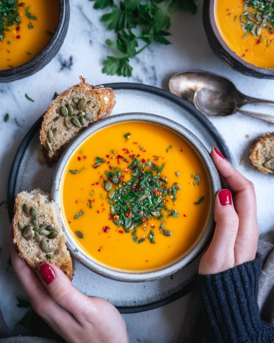 A bowl of smooth, bright orange soup sits on a white marbled surface, topped with finely chopped green herbs and small red flakes, adding texture and color contrast. The round bowl is white with a gray rim, resting on a matching white plate with a gray rim. Scattered around the bowl are pieces of bread with pumpkin seeds, one piece being held by a woman's hand with red nail polish, while another woman's hand holds the bowl from the bottom. In the background, there is another bowl of soup with similar toppings, and fresh green herbs lie nearby, contributing to a fresh and cozy atmosphere. Photo taken with an iphone --ar 4:5 --v 7