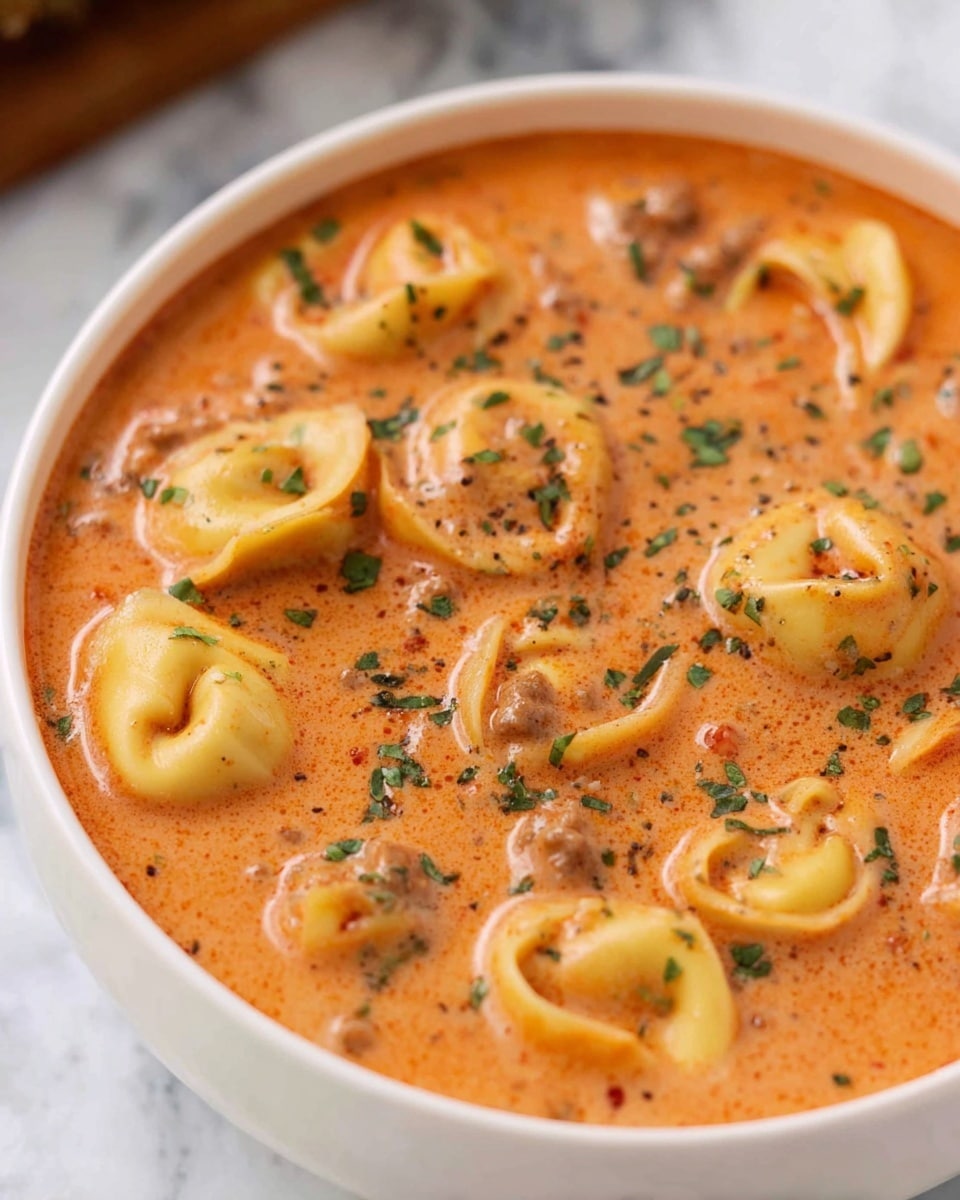 The image shows two white bowls on a white marbled surface filled with creamy orange sauce with pieces of round tortellini pasta and small chunks of brown meat mixed inside. The sauce looks thick and creamy with some green herbs sprinkled on top for garnish. A golden spoon is placed next to the bowls. Photo taken with an iphone --ar 4:5 --v 7