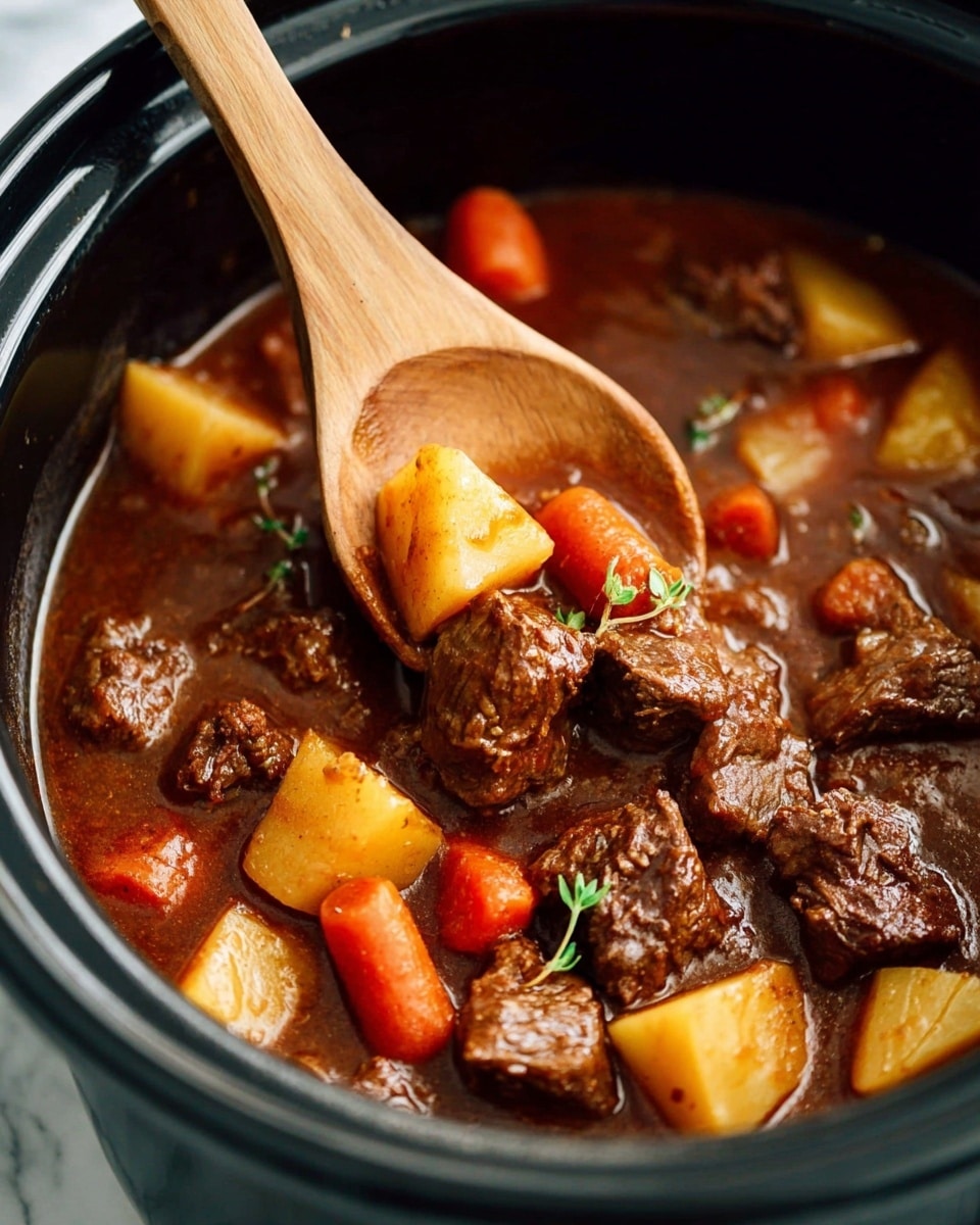 A close-up view of a thick stew in a black pot, showing three main layers: the top layer has a rich brown sauce with a shiny texture, the second layer includes chunky pieces of dark brown beef, and the bottom layer shows large, soft cubes of light yellow potatoes and bright orange carrots scattered evenly throughout. A wooden spoon is scooping up a piece of potato, adding a natural wood color contrast to the stew. Small green sprigs of herbs are sprinkled on top. The background around the pot is a white marbled texture. Photo taken with an iphone --ar 4:5 --v 7