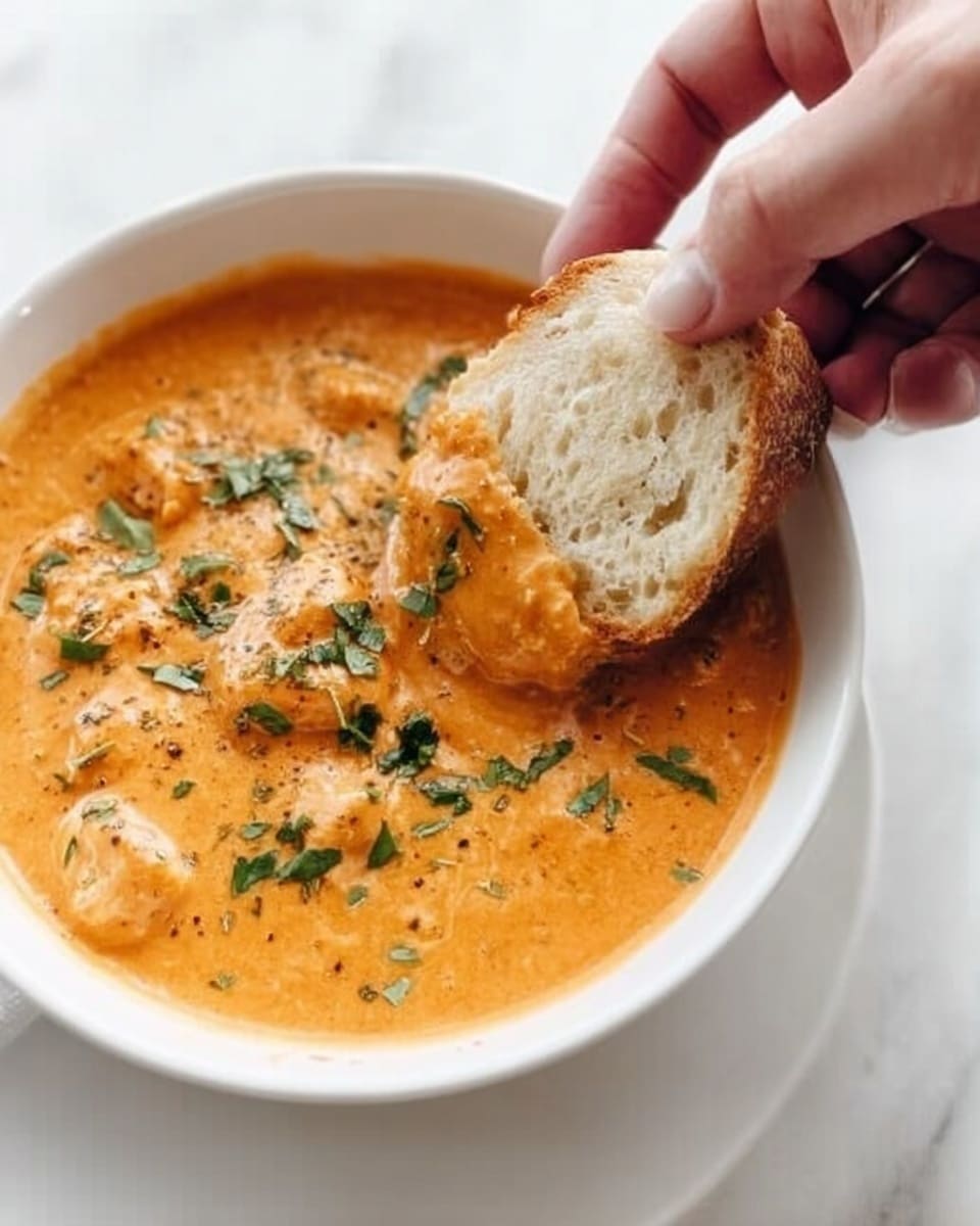 A white bowl filled with creamy orange soup that has small chunks and bits of green herbs sprinkled on top. A woman's hand is holding a piece of bread dipped into the thick soup, with the bread showing a soft inside and a light toasted crust. The bowl sits on a white marbled surface, adding a clean and bright background. photo taken with an iphone --ar 4:5 --v 7
