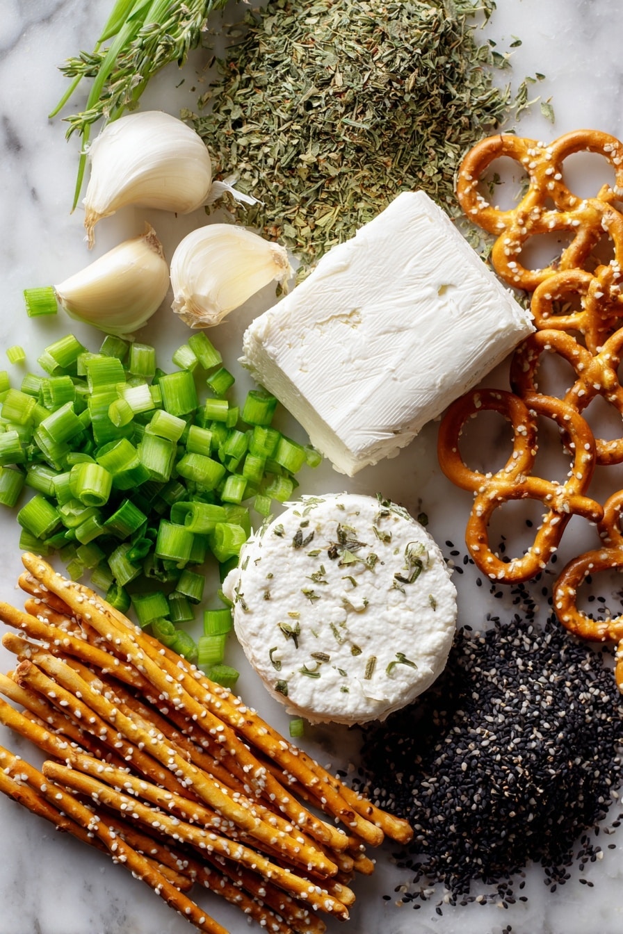 Flat lay of two blocks of creamy white cream cheese, a small wheel of soft goat cheese with a delicate rind, bright green chopped scallions with crisp texture, several peeled garlic cloves showing smooth, pale ivory surfaces, a small pile of dried greenish dill weed, scattered dried oregano leaves in muted green hues, a neat heap of shiny black sesame seeds with a glossy texture, and a bundle of golden pretzel sticks with a crunchy, twisted texture, all beautifully arranged in natural clusters and gentle overlaps, placed on white marbled surface, photo taken with an iphone --ar 2:3 --v 7 - Spider Cheeseballs for Halloween, Halloween cheeseball recipes, spooky party snacks, easy Halloween appetizers, creepy-cute Halloween treats