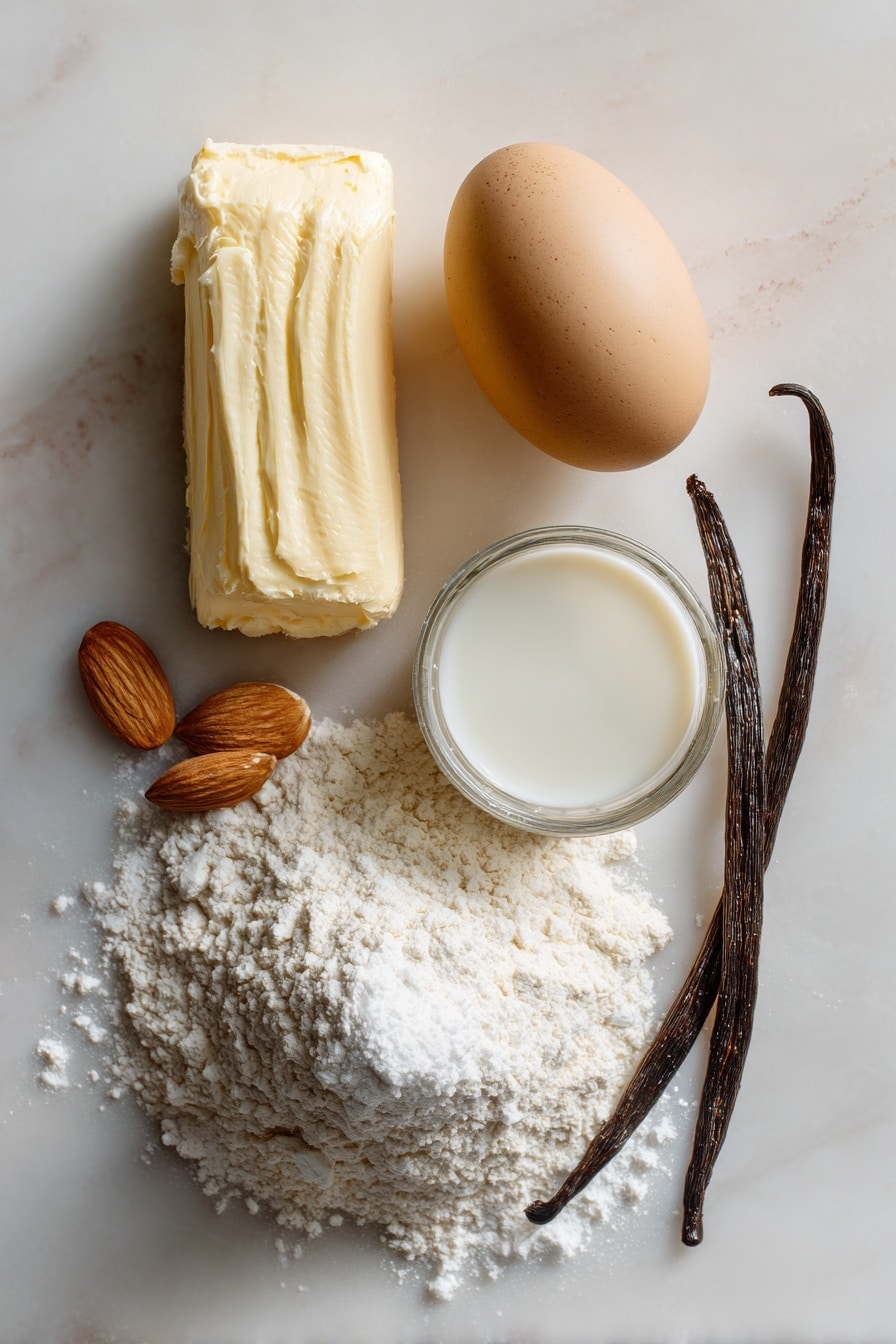 Flat lay of softened pale yellow butter blocks, smooth white almond paste with a slightly crumbly texture, a glossy brown large egg, a small glass of creamy white 2% milk, pure white confectioners' sugar in soft mounds, fine white all-purpose flour dusted lightly, vivid black food coloring paste in a small dollop, and a colorful mix of bright jumbo sprinkles, shiny red peppermint candies, and glossy rainbow Skittles, all neatly arranged with natural spacing and varying textures, placed on white marbled surface, photo taken with an iphone --ar 2:3 --v 7 - Day of the Dead Cookies, festive sugar cookies, Día de los Muertos treats, colorful decorated cookies, almond flavor sugar cookies