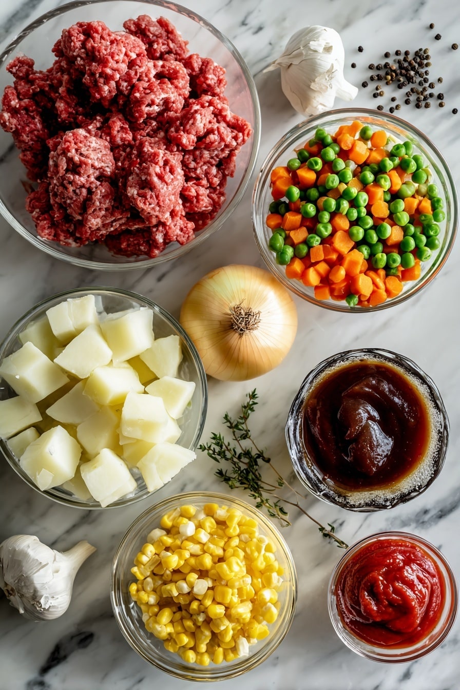 Flat lay of fresh ground beef with rich deep red color, peeled and chopped russet potatoes in creamy off-white chunks, a small yellow onion with bright golden skin and diced pieces, two cloves of garlic with papery white skin and minced bits, vibrant frozen mixed vegetables showing green peas, orange carrot slices, and yellow corn kernels, smooth dollops of bright red tomato paste, a small glass bowl of dark Worcestershire sauce, and whole black peppercorns scattered naturally, all arranged with a balanced mix of textures and colors, placed on white marbled surface, photo taken with an iphone --ar 2:3 --v 7 - Creepy Shepherd’s Pie, Ghost Shepherd’s Pie, spooky shepherd’s pie, Halloween shepherd’s pie, ghost potatoes